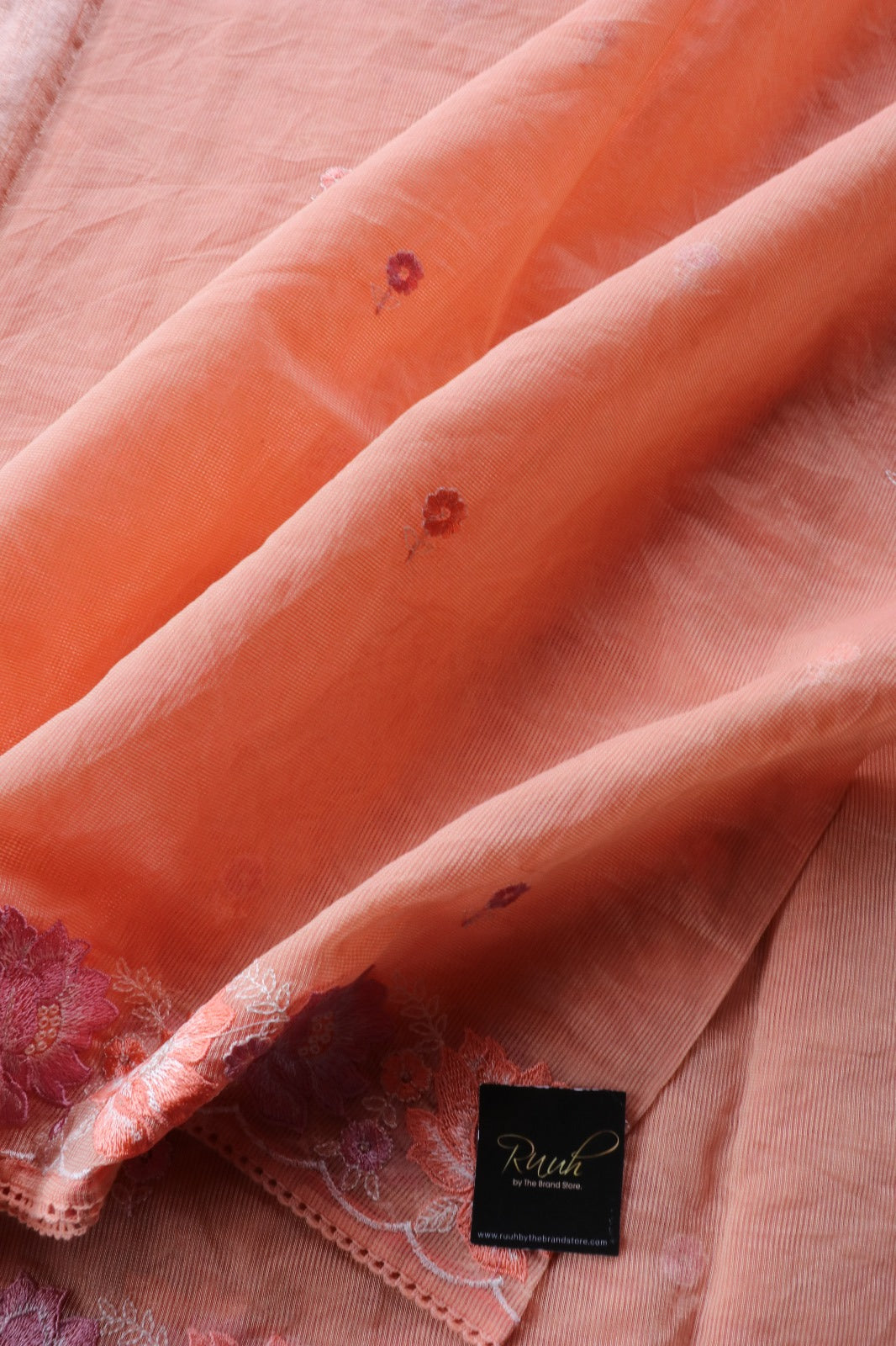 PEACH NET KOTA SAREE WITH FLORAL EMBROIDERY