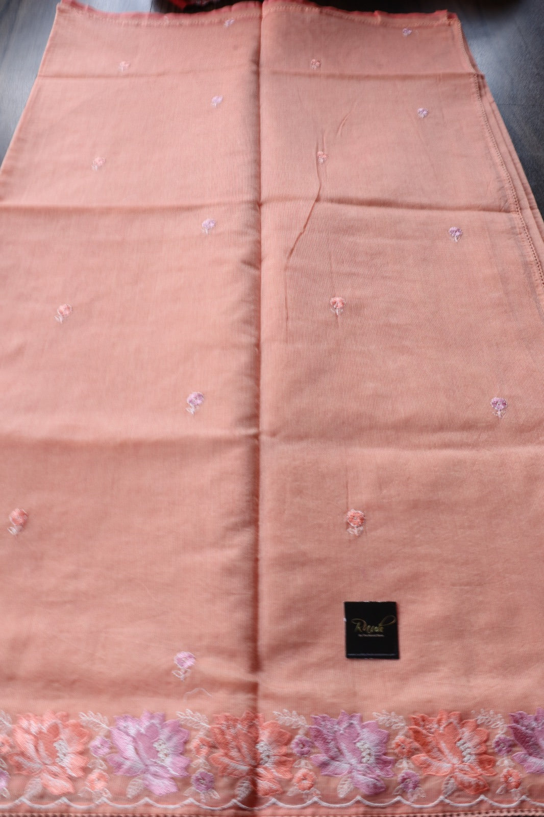 PEACH NET KOTA SAREE WITH FLORAL EMBROIDERY