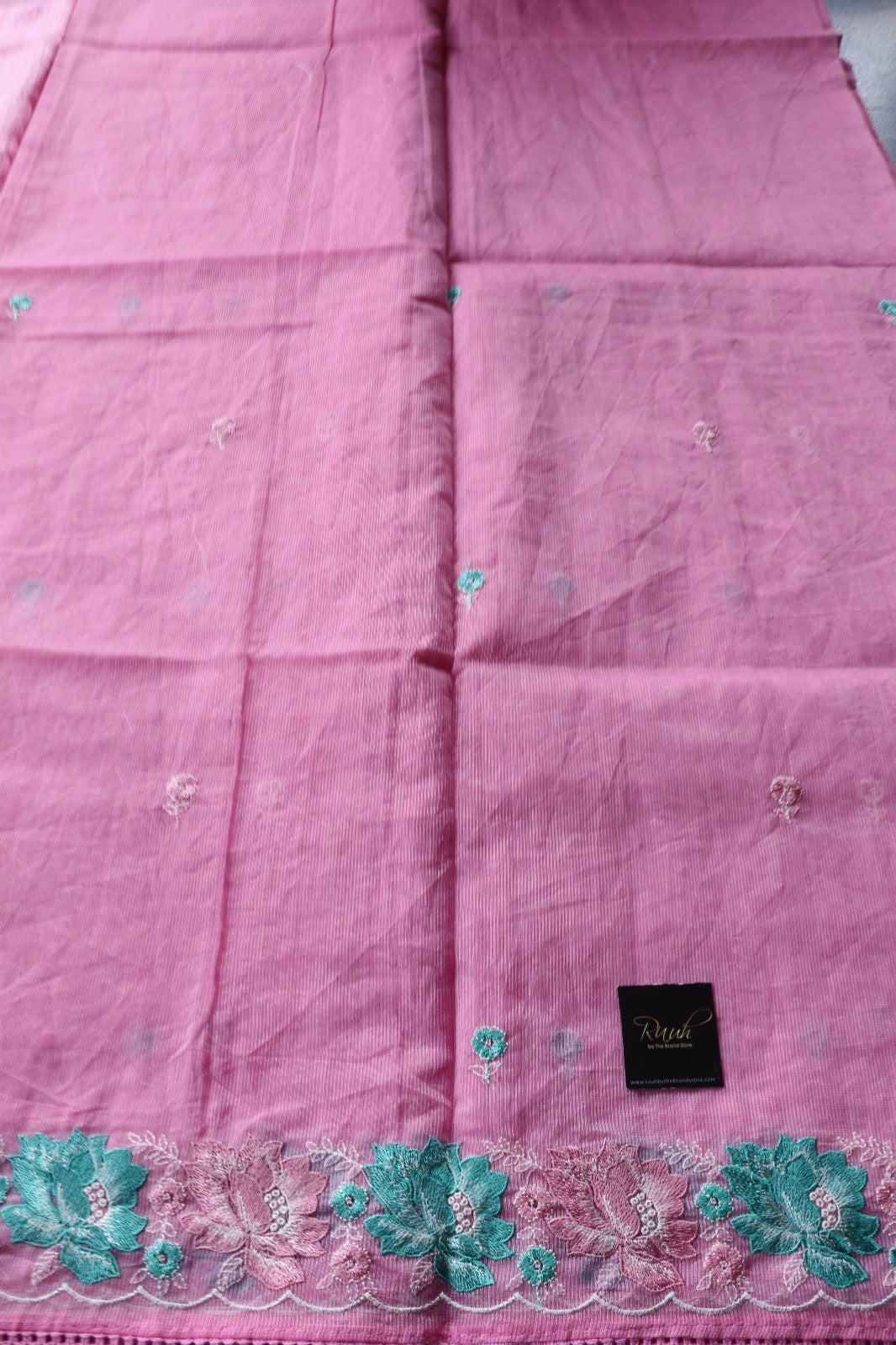 PINK NET KOTA SAREE WITH FLORAL EMBROIDERY