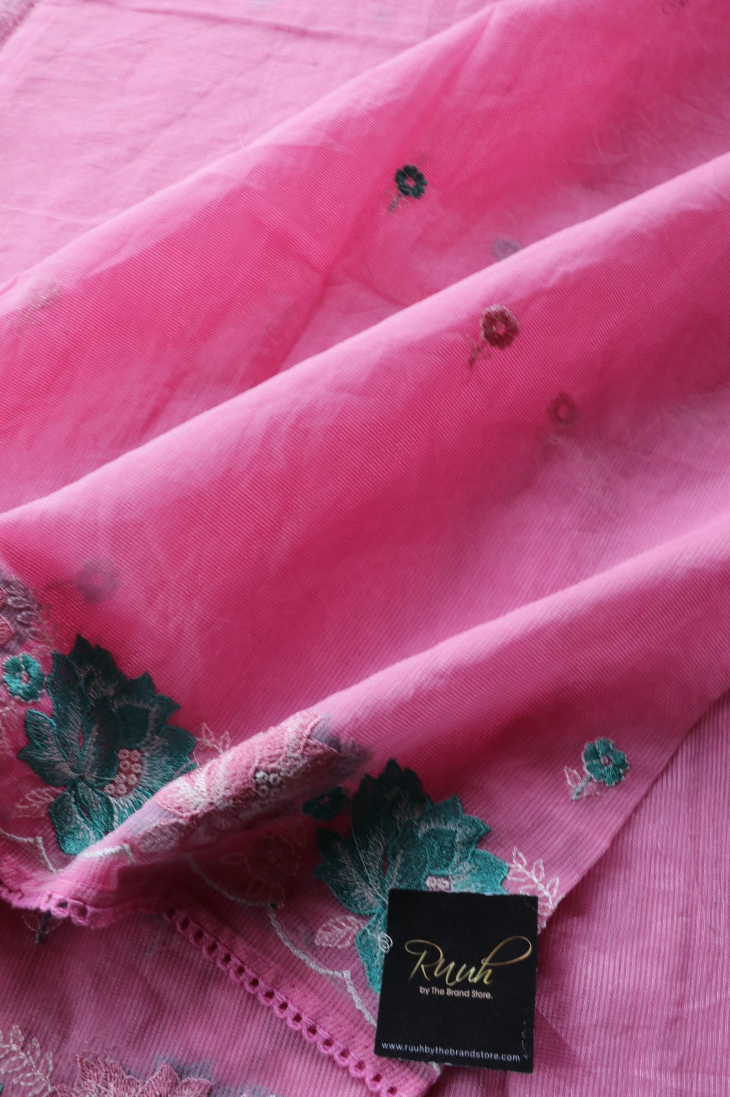 PINK NET KOTA SAREE WITH FLORAL EMBROIDERY