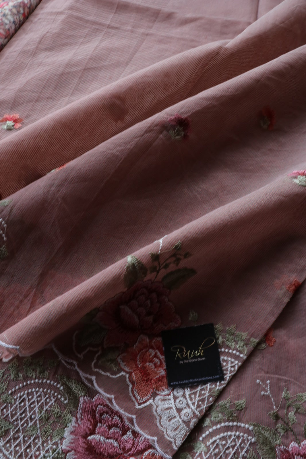 ONION PINK NET KOTA SAREE WITH FLORAL EMBROIDERY AND CUTWORK