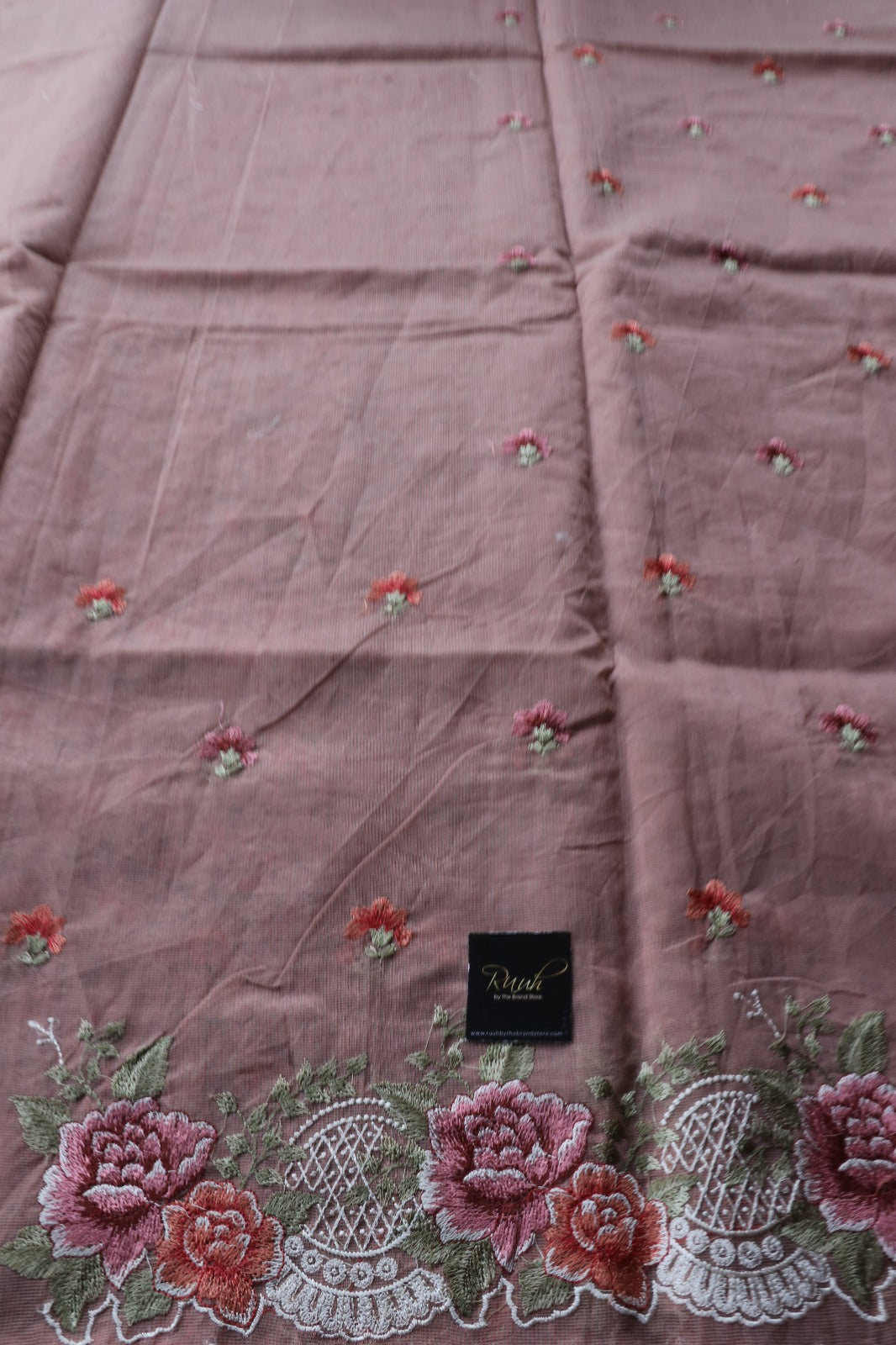ONION PINK NET KOTA SAREE WITH FLORAL EMBROIDERY AND CUTWORK
