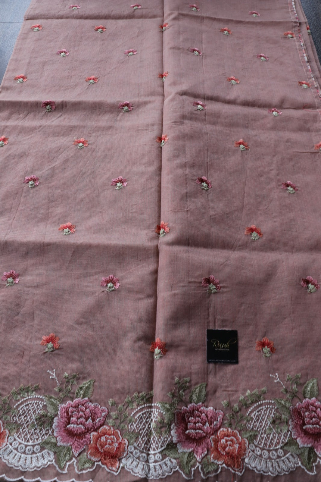 ONION PINK NET KOTA SAREE WITH FLORAL EMBROIDERY AND CUTWORK
