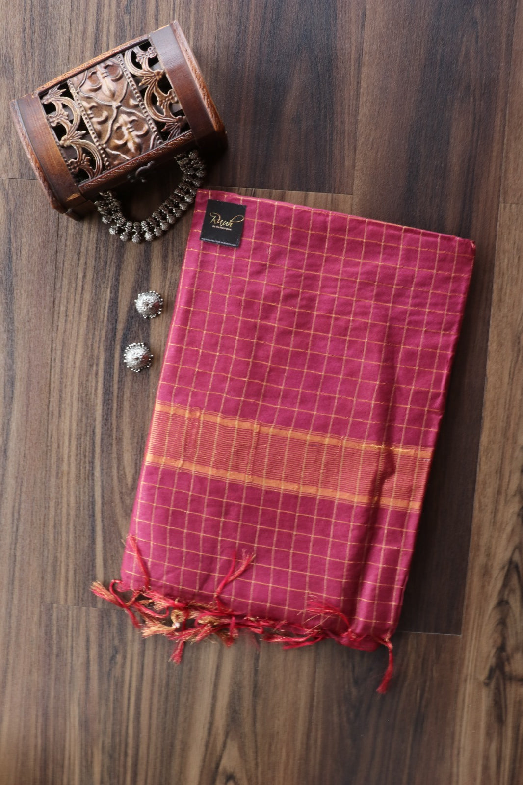 WINE SEMI SILK CHECK SAREE
