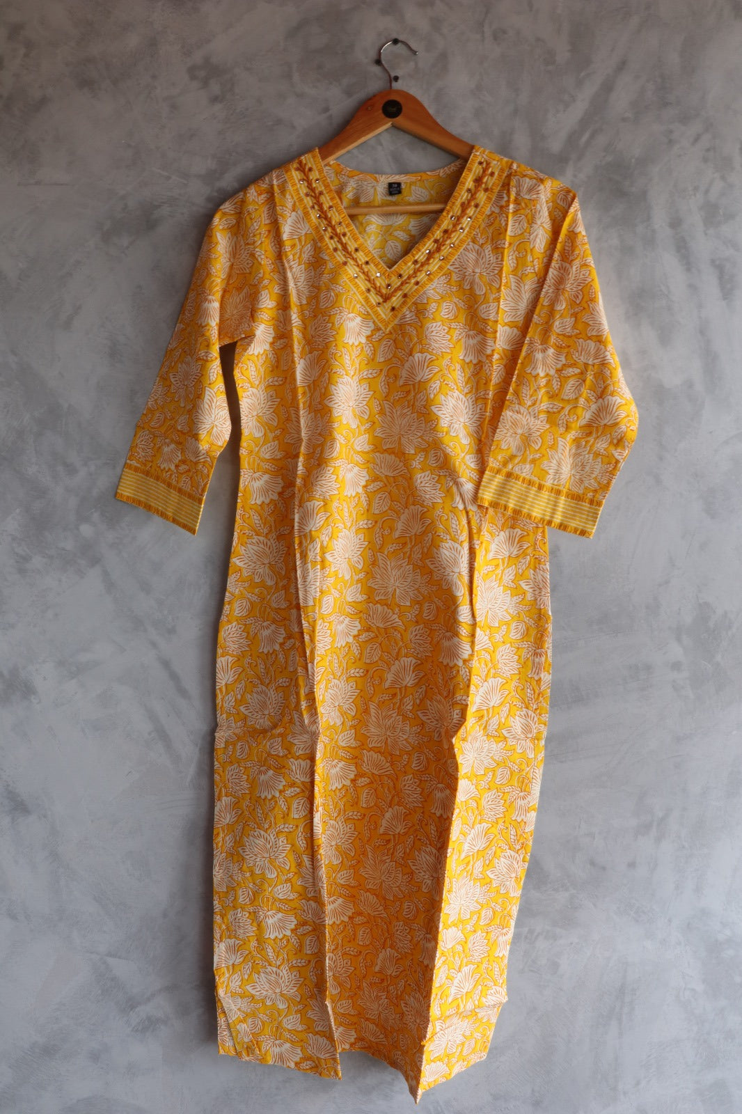 YELLOW COTTON V NECK KURTA