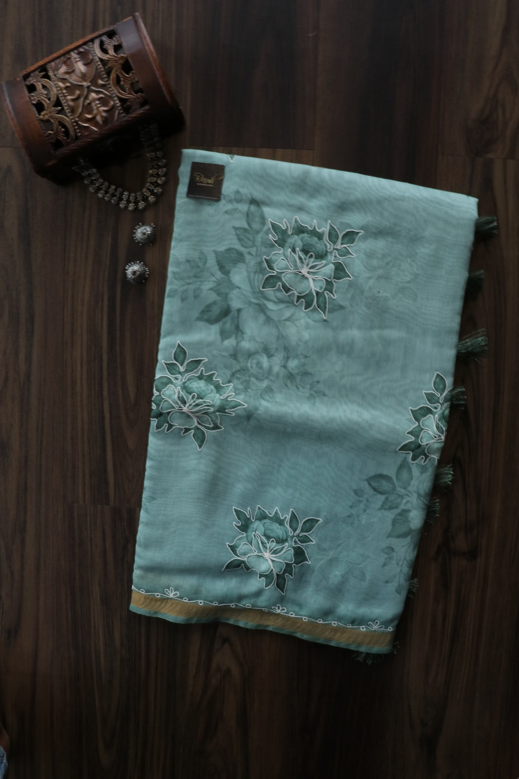 SEA GREEN SEMI CHANDERI FLORAL PRINT SAREE