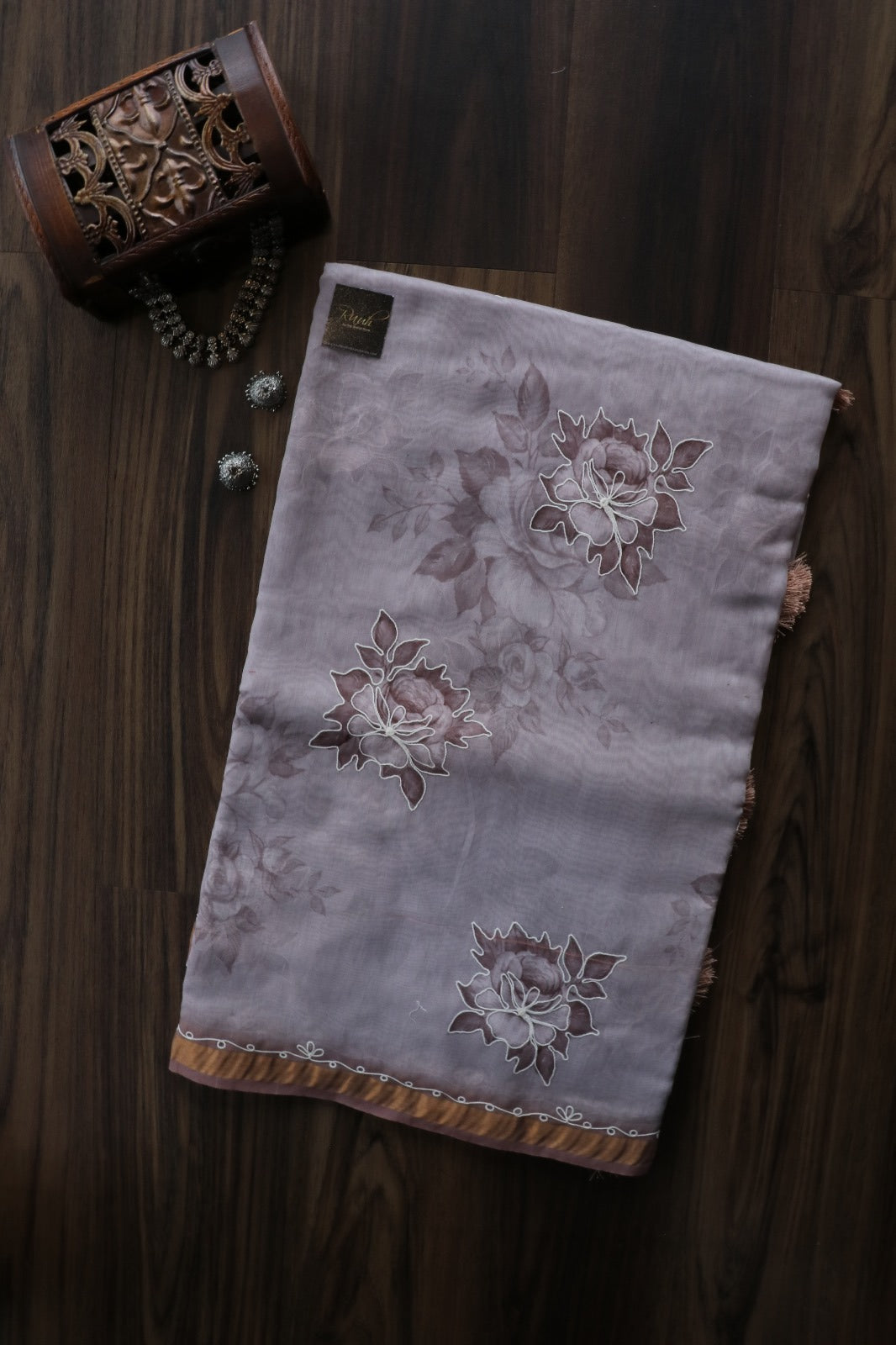 LIGHT MAUVE SEMI CHANDERI FLORAL SAREE