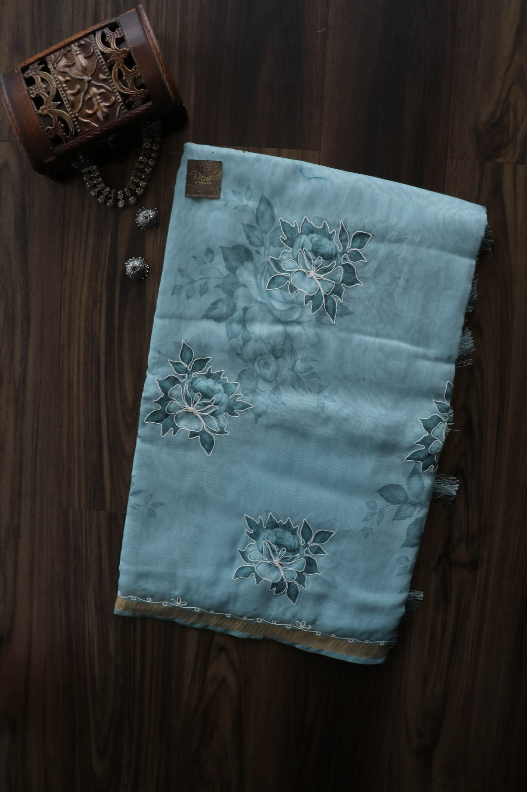 SEA BLUE SEMI CHANDERI FLORAL SAREE