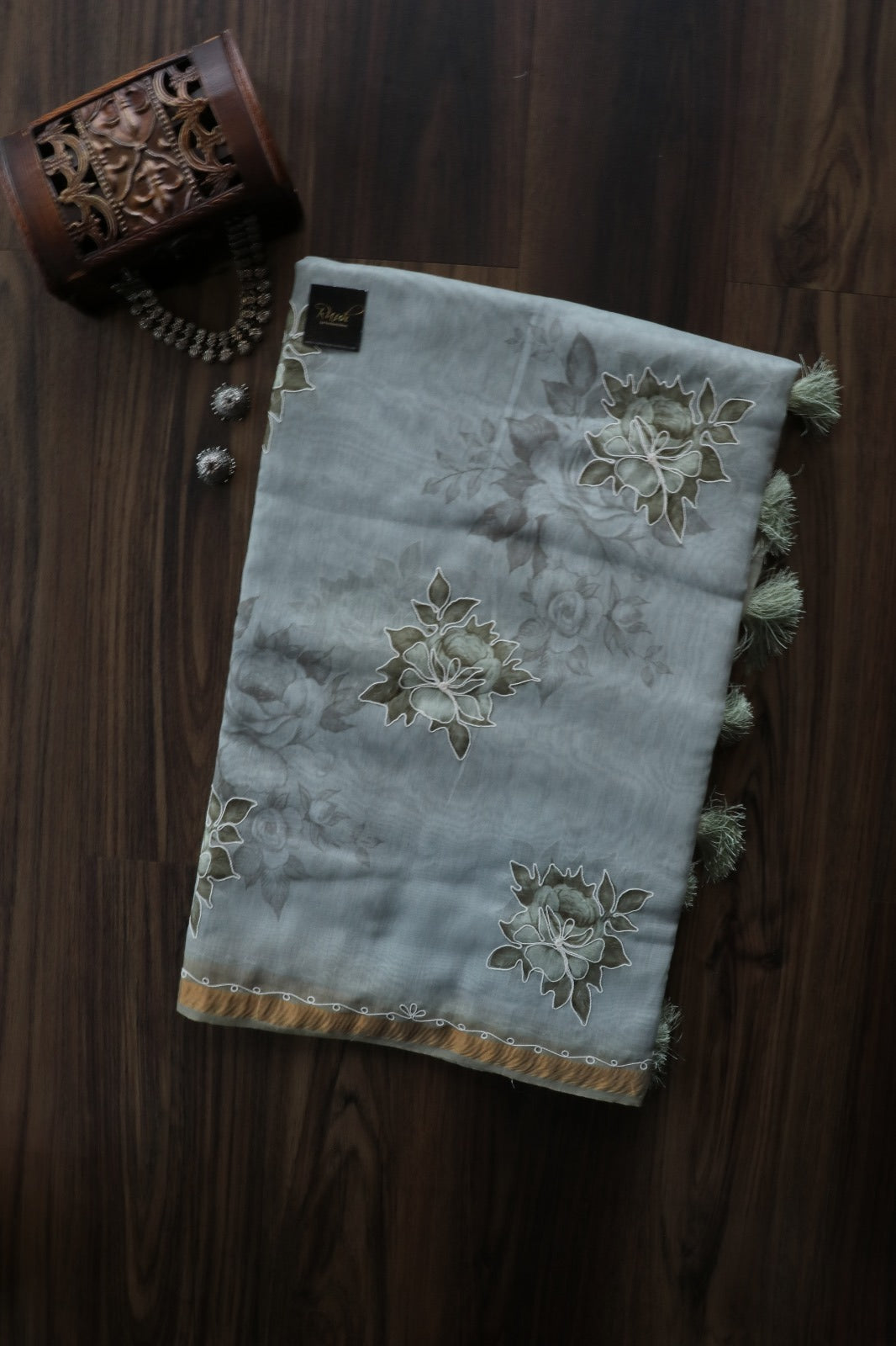 LIGHT GREEN SEMI CHANDERI FLORAL SAREE