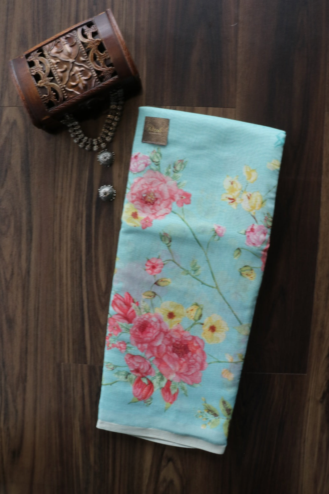 LIGHT BLUE SEMI LINEN FLORAL PRINTED SAREE