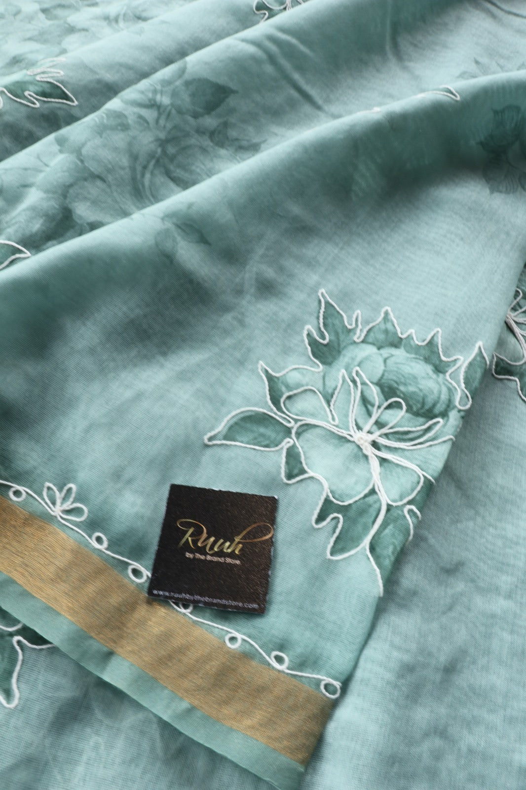 SEA GREEN SEMI CHANDERI FLORAL PRINT SAREE