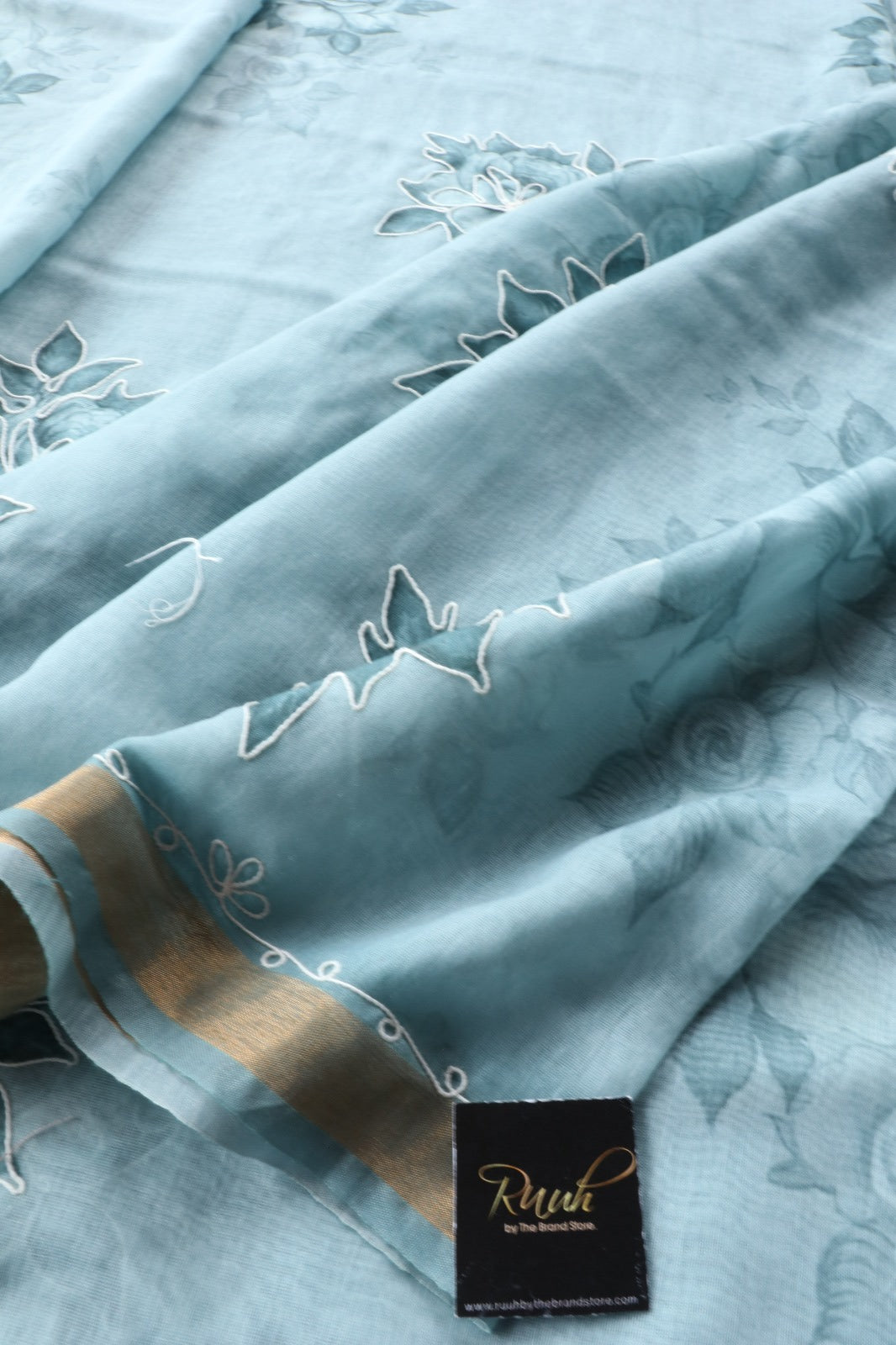 SEA BLUE SEMI CHANDERI FLORAL SAREE