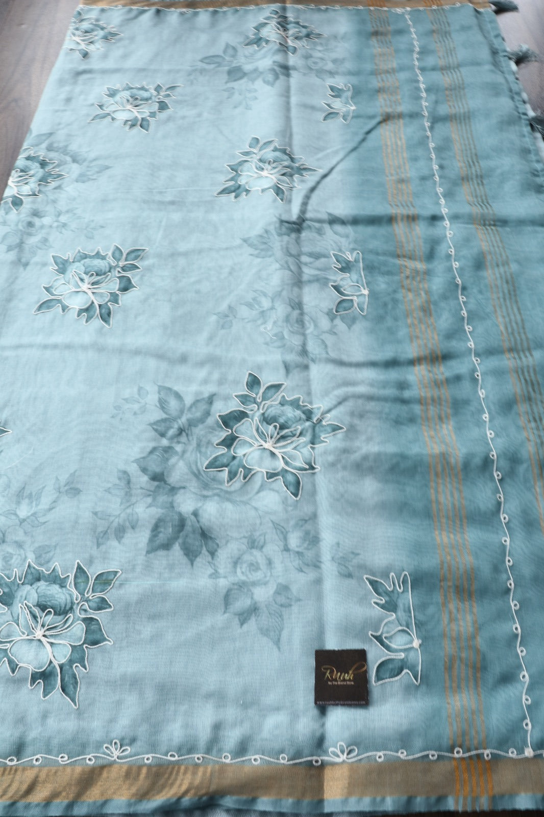 SEA BLUE SEMI CHANDERI FLORAL SAREE