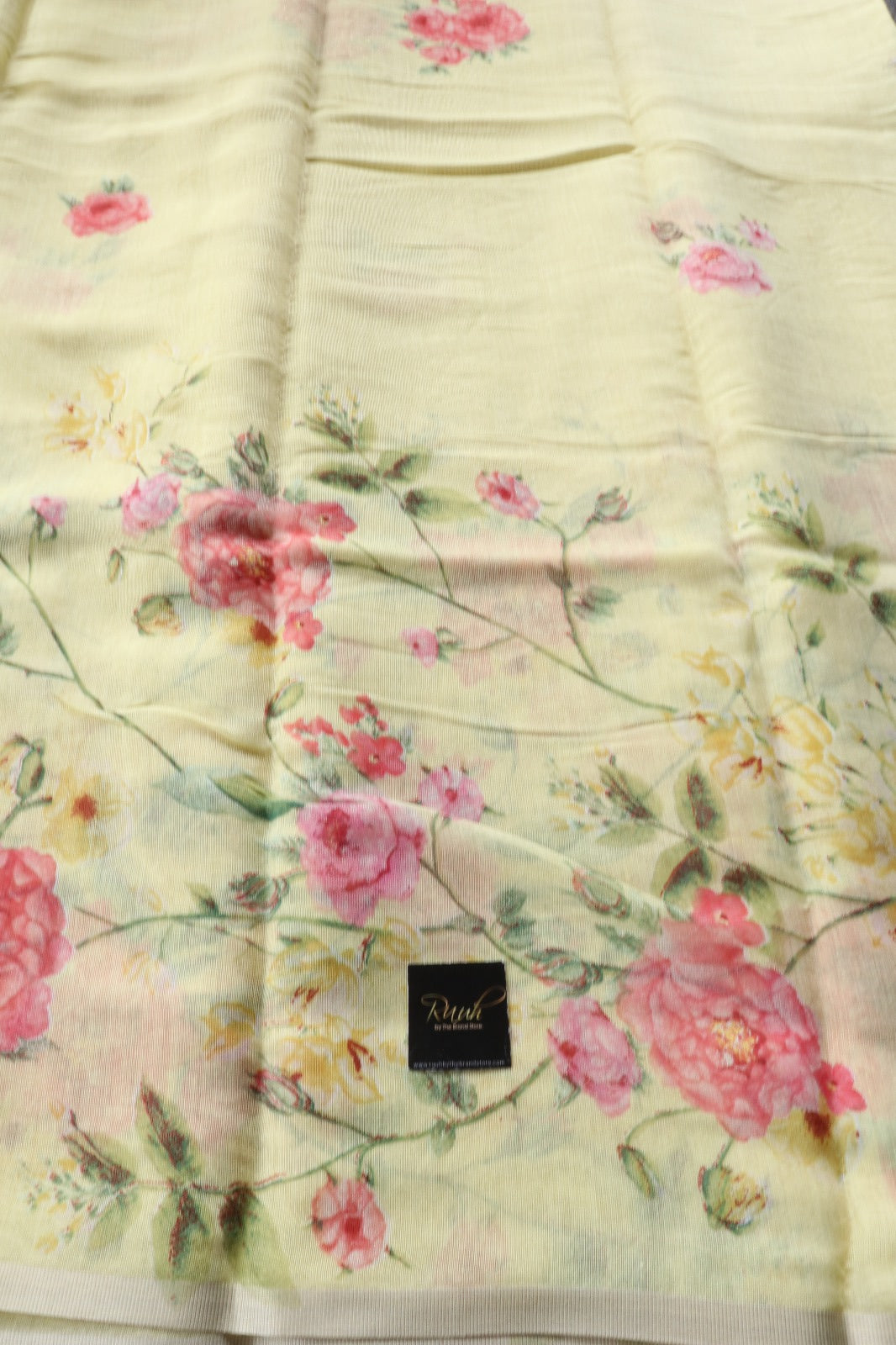 LIGHT YELLOW SEMI LINEN FLORAL PRINTED SAREE