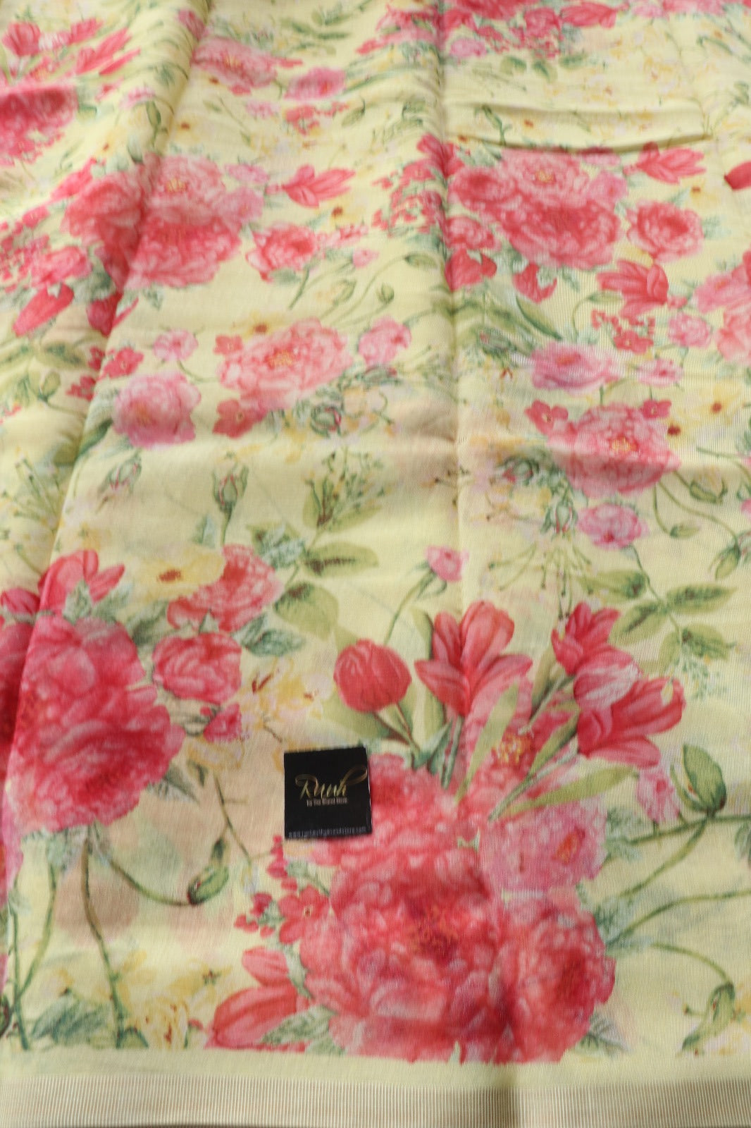 LIGHT YELLOW SEMI LINEN FLORAL PRINTED SAREE
