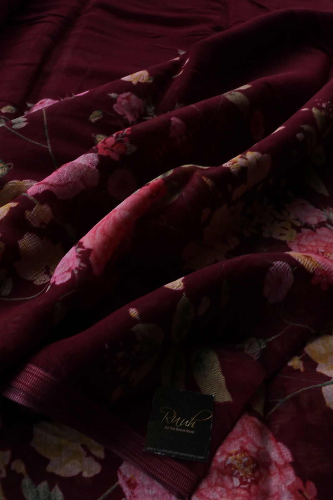 MAROON SEMI LINEN FLORAL PRINTED SAREE