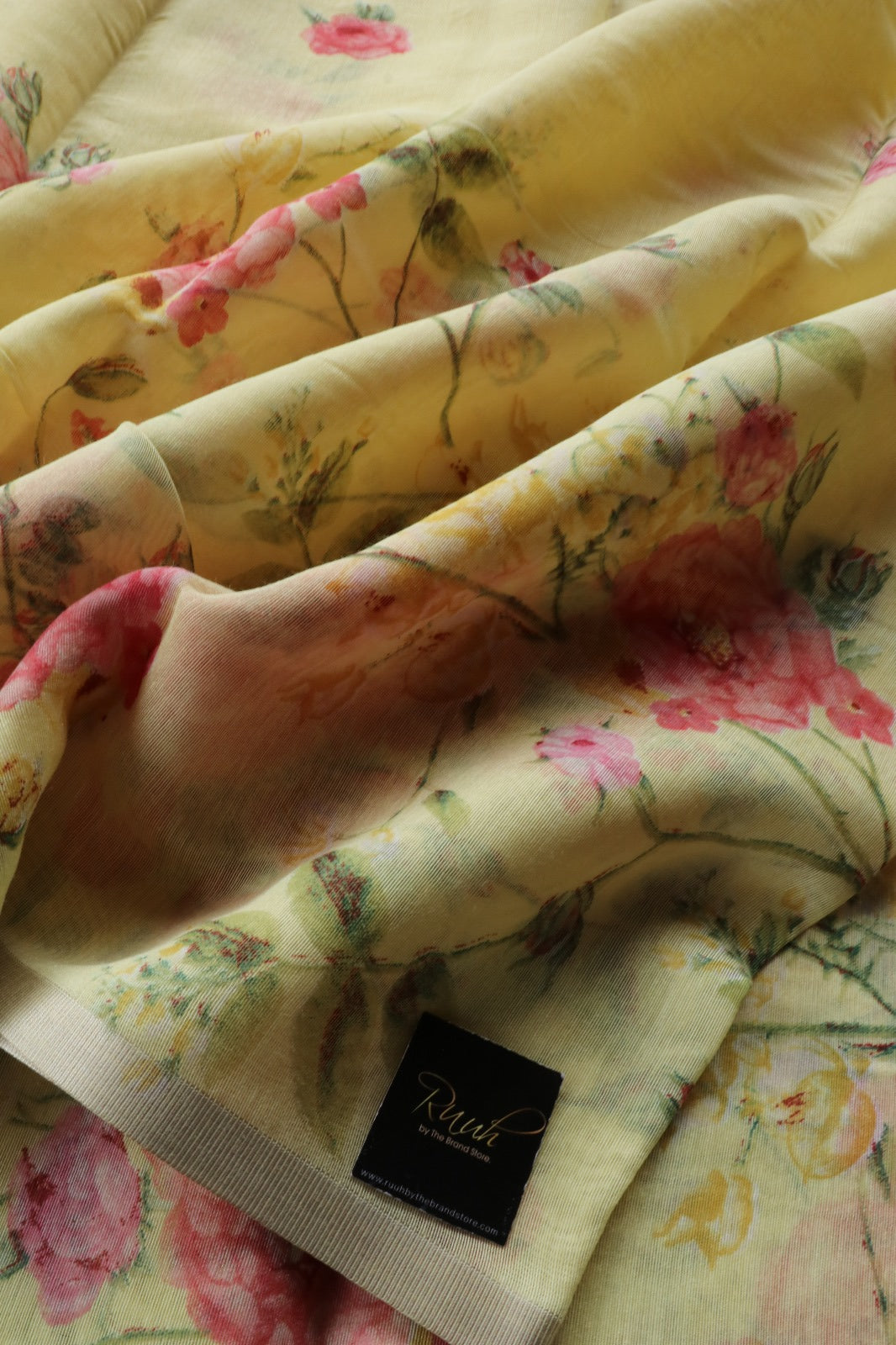 LIGHT YELLOW SEMI LINEN FLORAL PRINTED SAREE