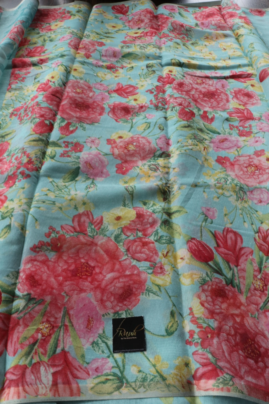 LIGHT BLUE SEMI LINEN FLORAL PRINTED SAREE
