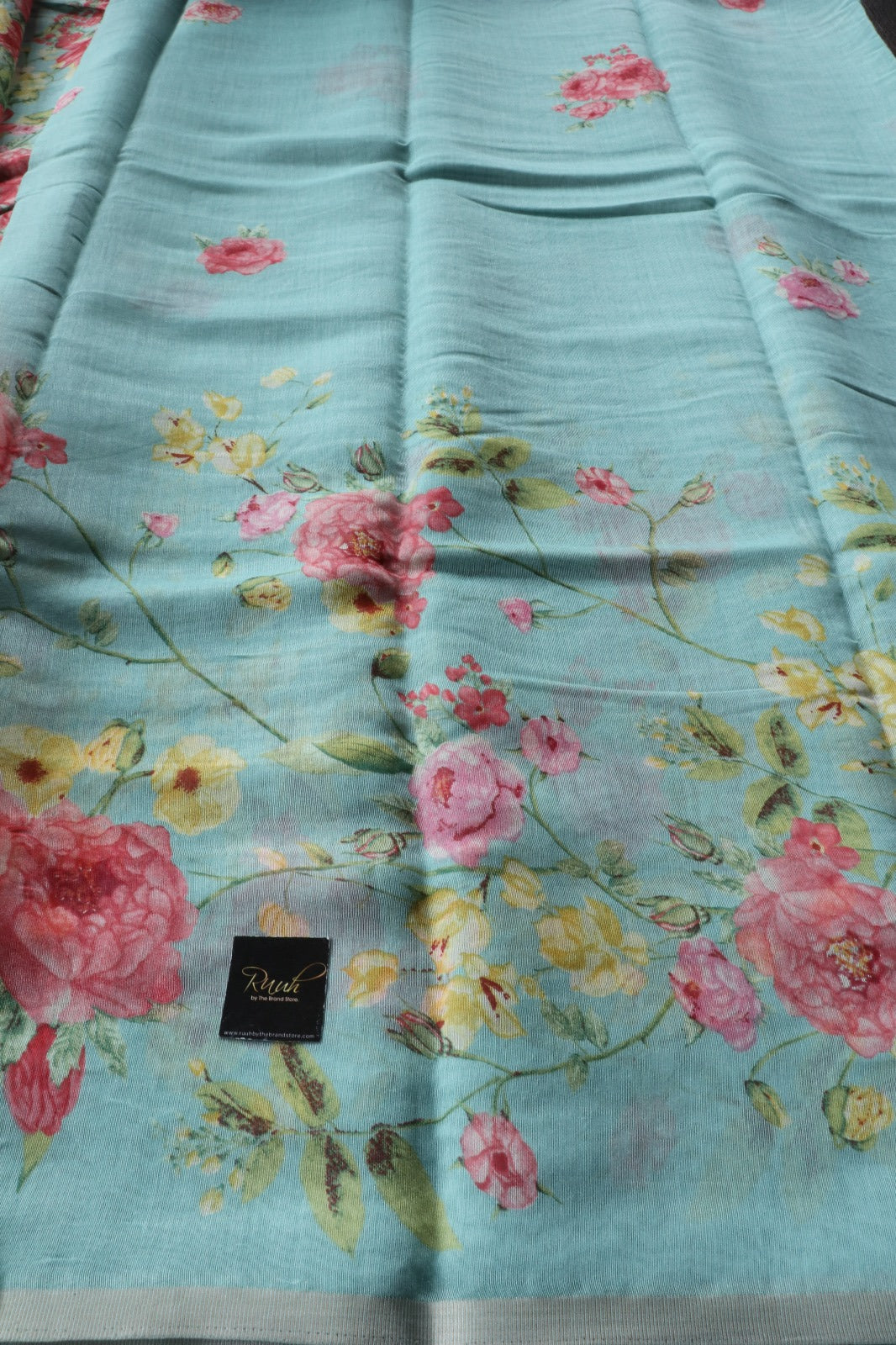 LIGHT BLUE SEMI LINEN FLORAL PRINTED SAREE
