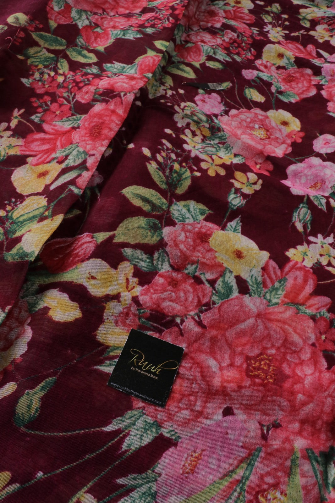 MAROON SEMI LINEN FLORAL PRINTED SAREE