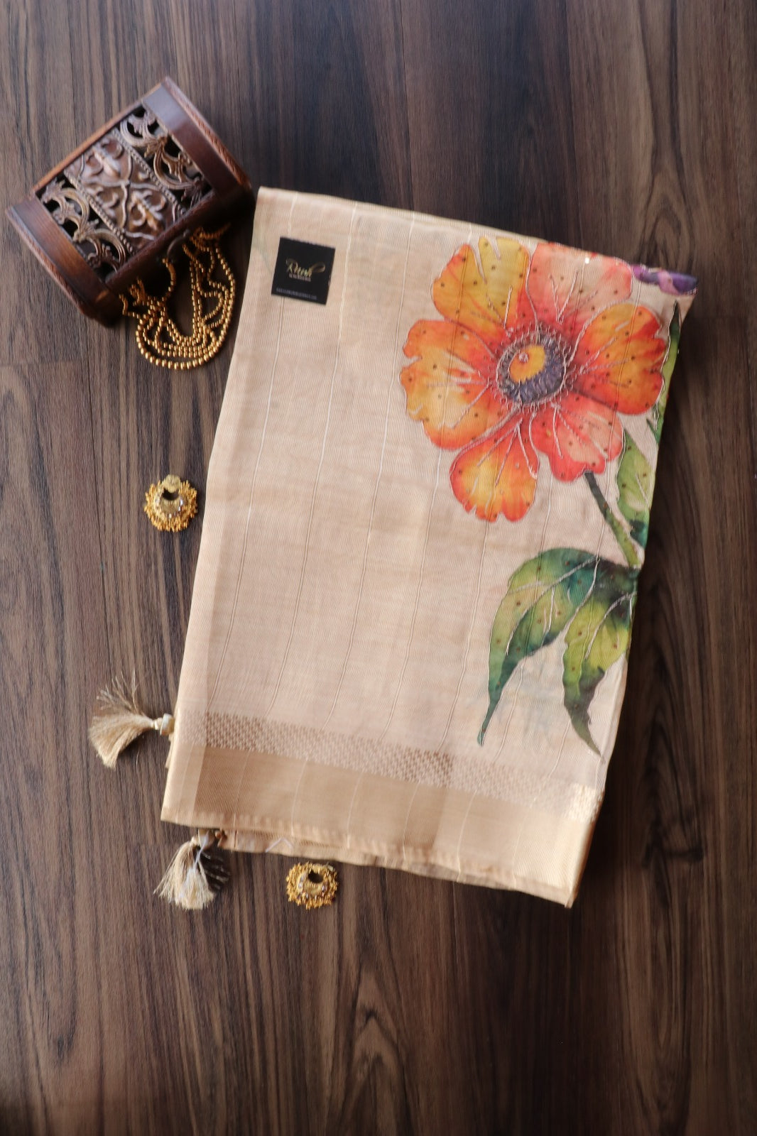 ORANGISH RED FLORAL PRINTED SEMI SILK SAREE WITH HANDWORK