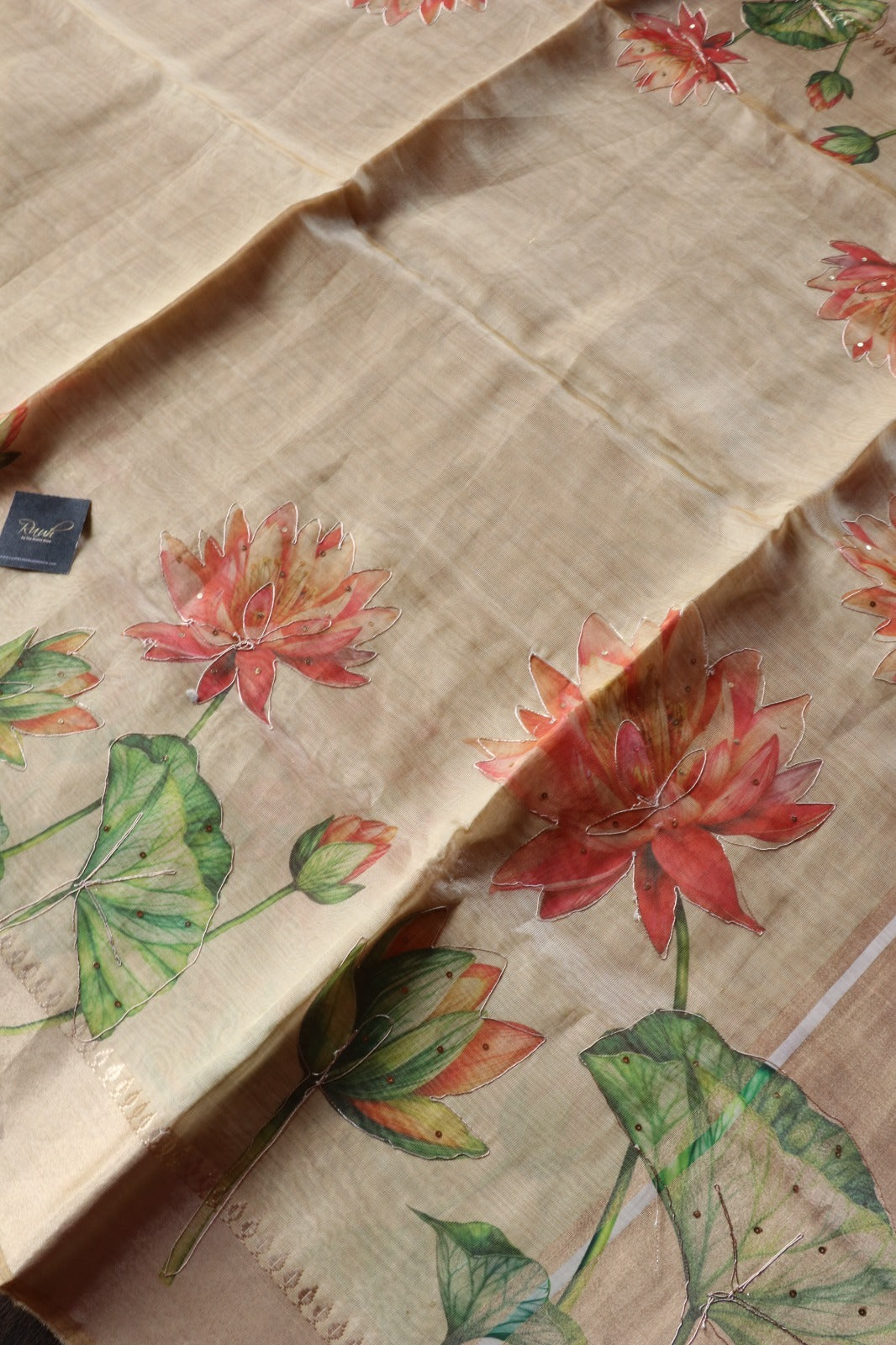 LOTUS PRINTED SEMI SILK SAREE WITH HANDWORK