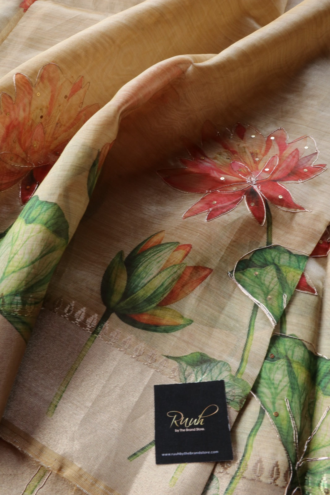 LOTUS PRINTED SEMI SILK SAREE WITH HANDWORK