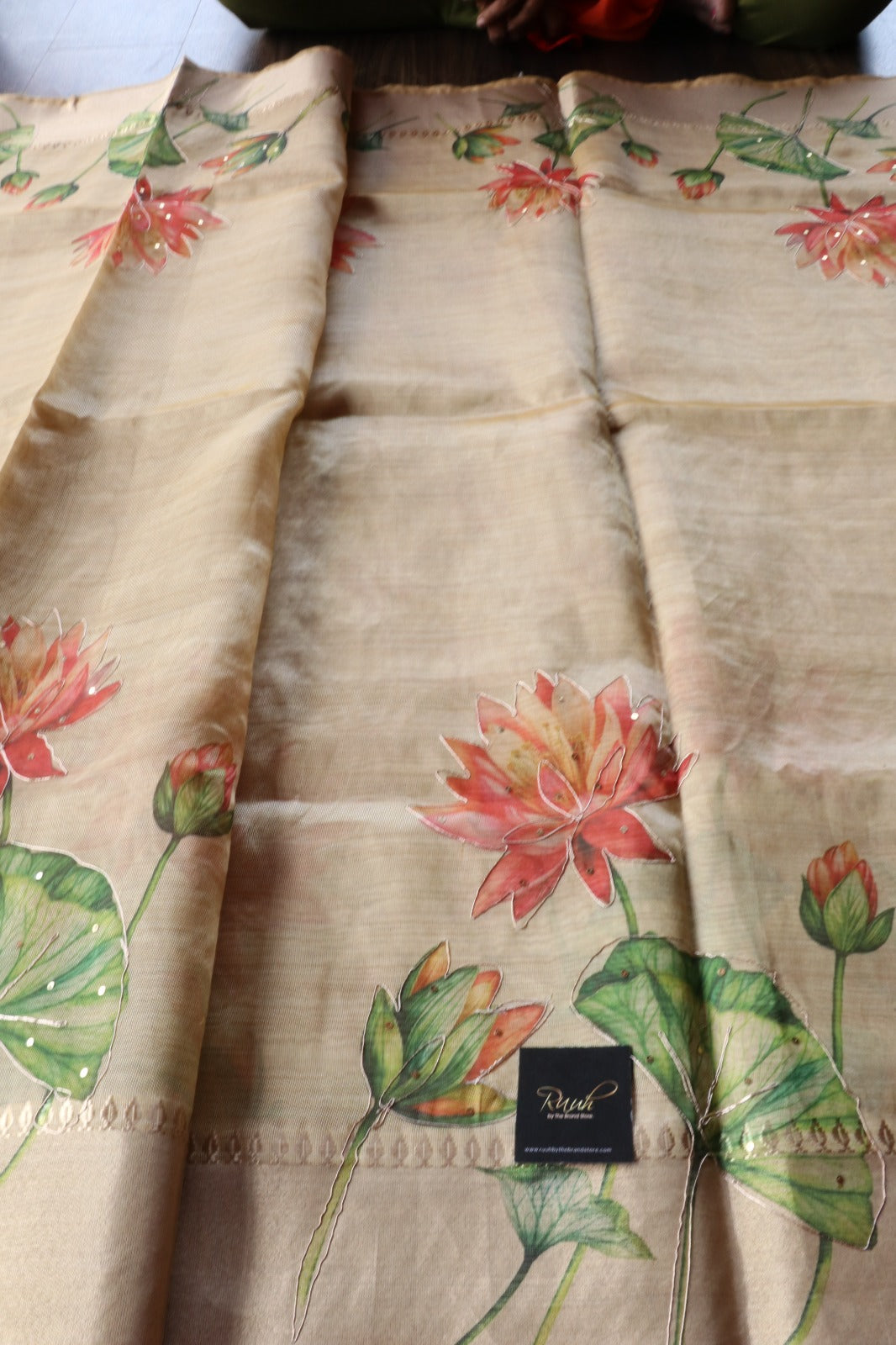 LOTUS PRINTED SEMI SILK SAREE WITH HANDWORK
