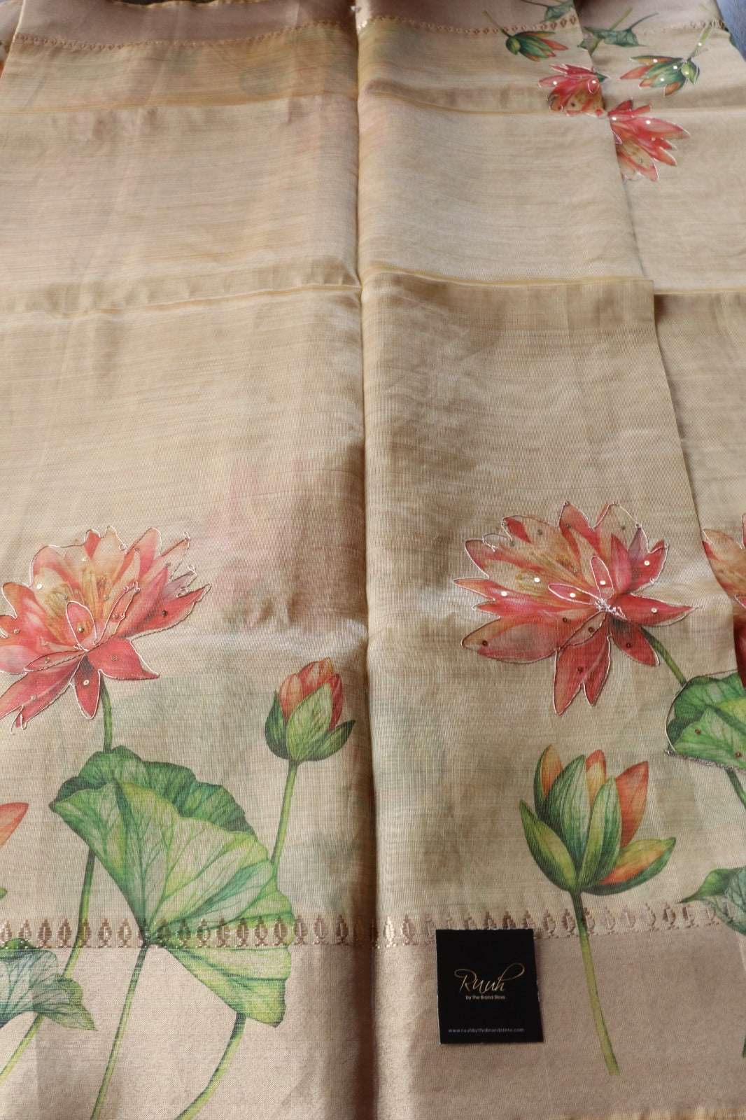 LOTUS PRINTED SEMI SILK SAREE WITH HANDWORK