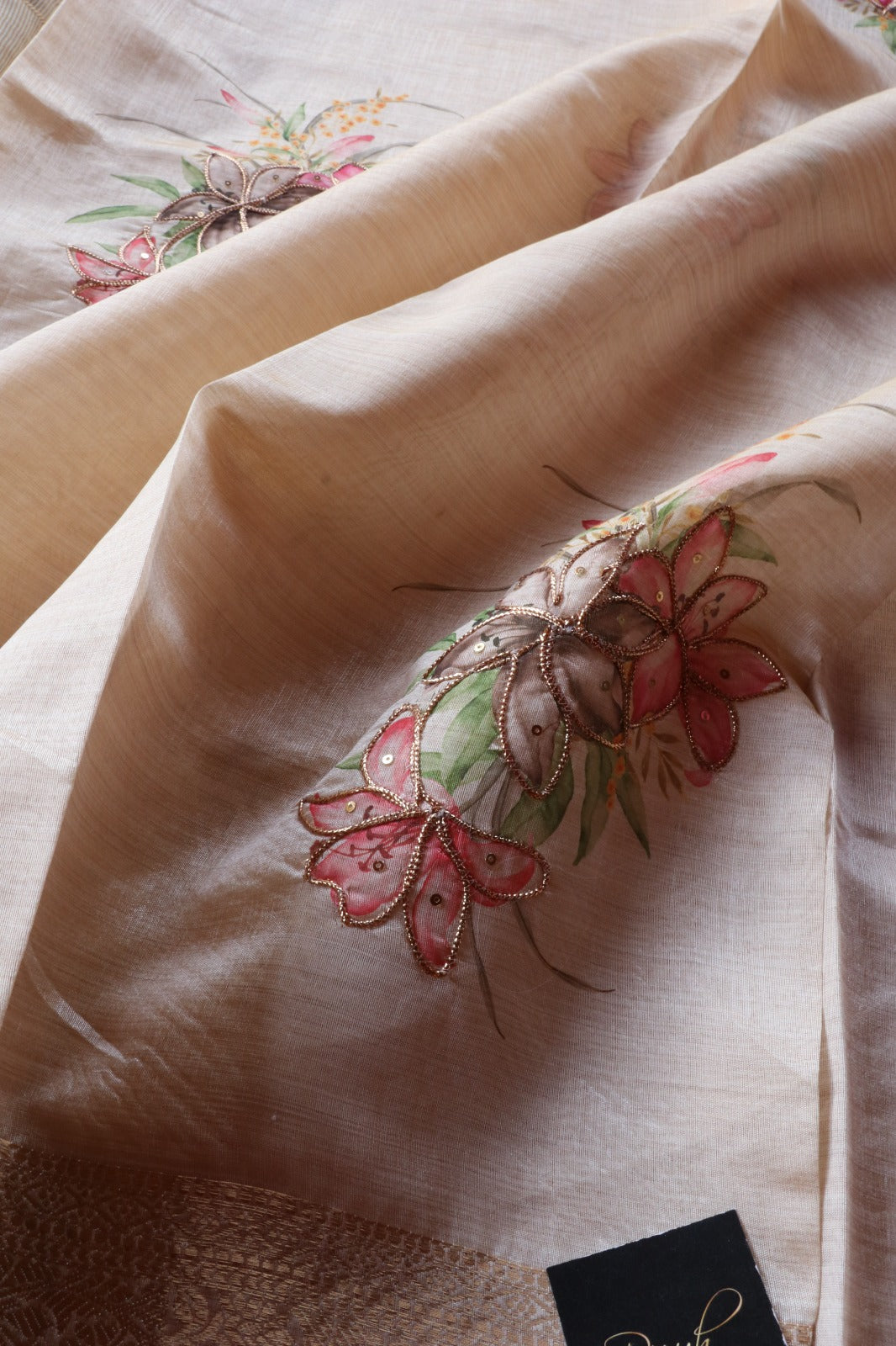 FLORAL PRINTED SEMI SILK SAREE WITH HANDWORK
