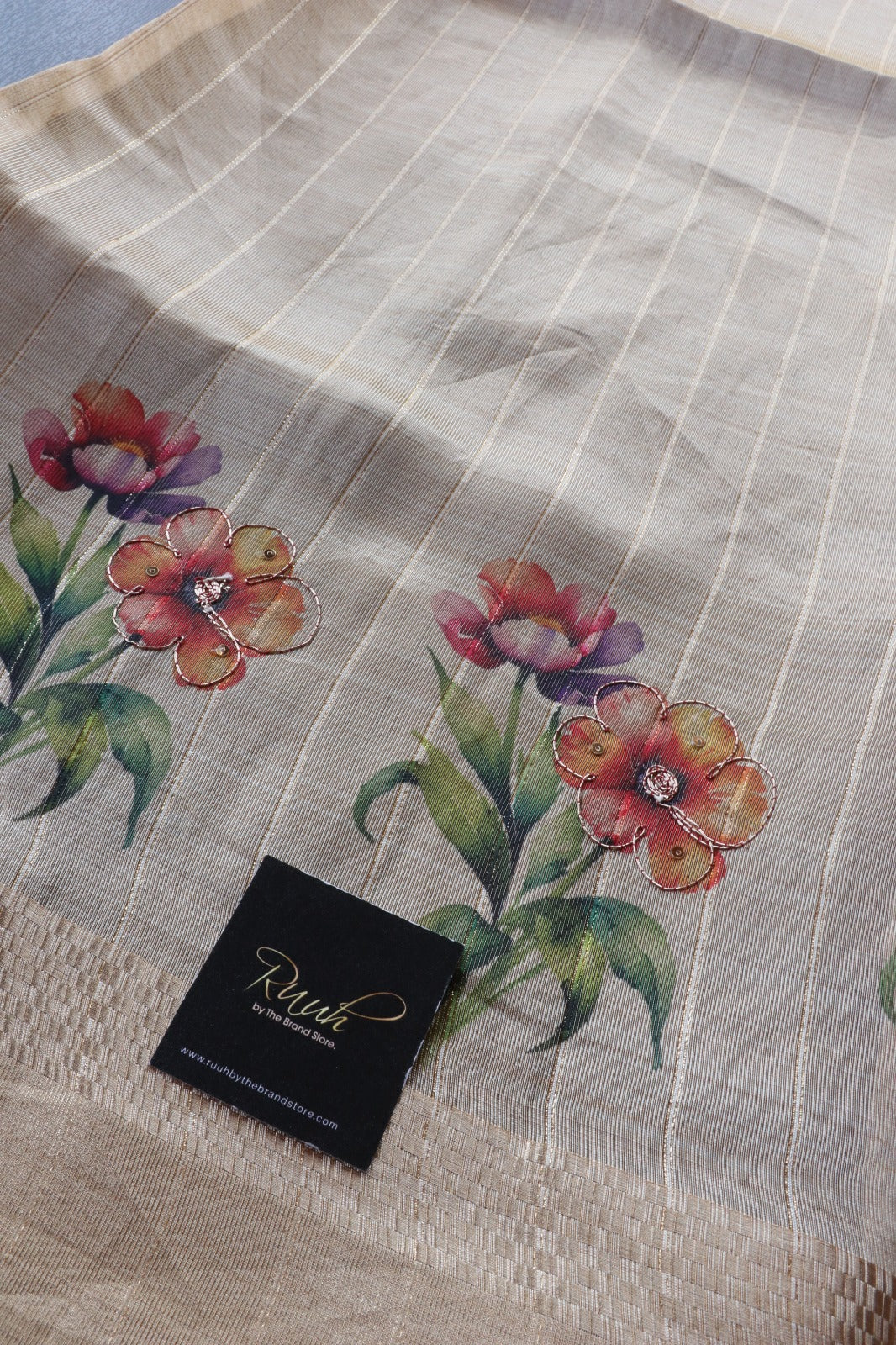 ORANGISH RED FLORAL PRINTED SEMI SILK SAREE WITH HANDWORK
