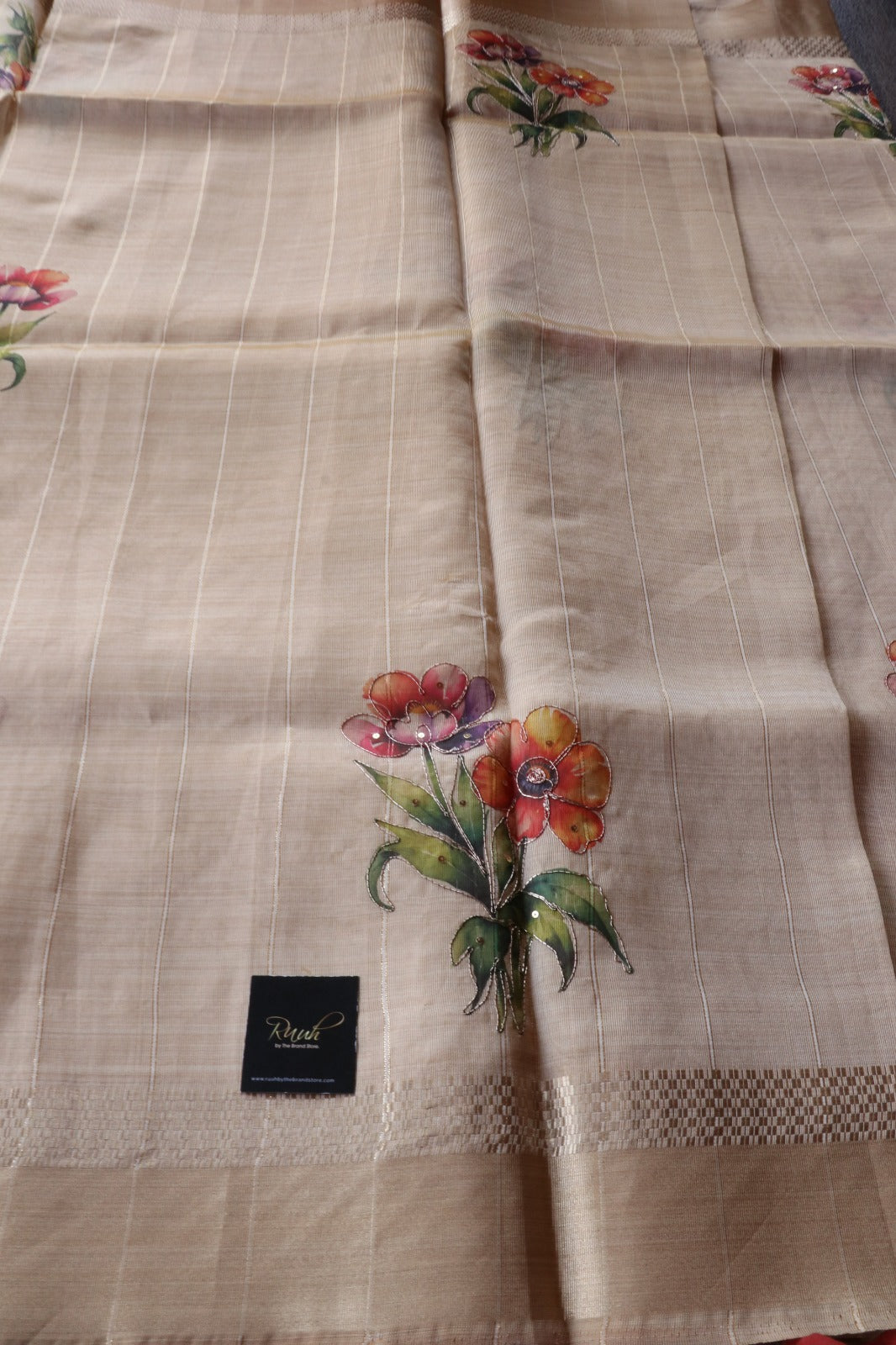 ORANGISH RED FLORAL PRINTED SEMI SILK SAREE WITH HANDWORK