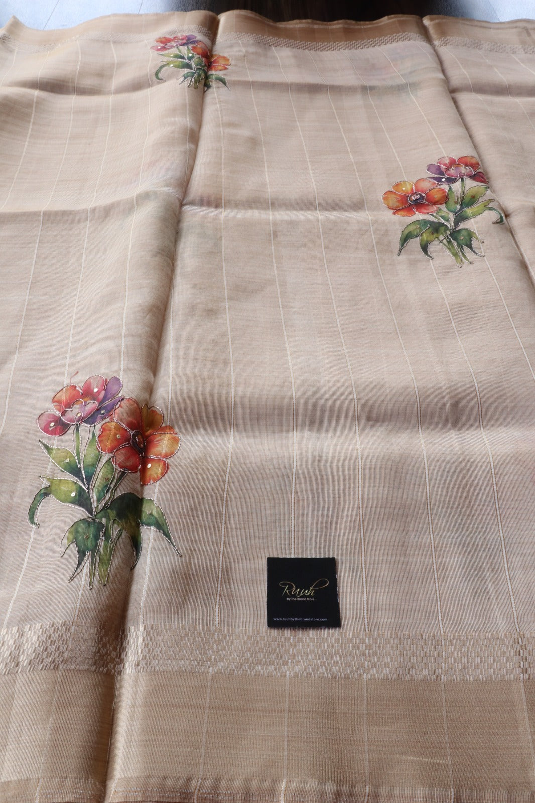 ORANGISH RED FLORAL PRINTED SEMI SILK SAREE WITH HANDWORK