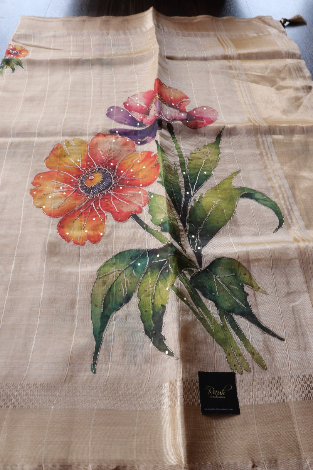 ORANGISH RED FLORAL PRINTED SEMI SILK SAREE WITH HANDWORK