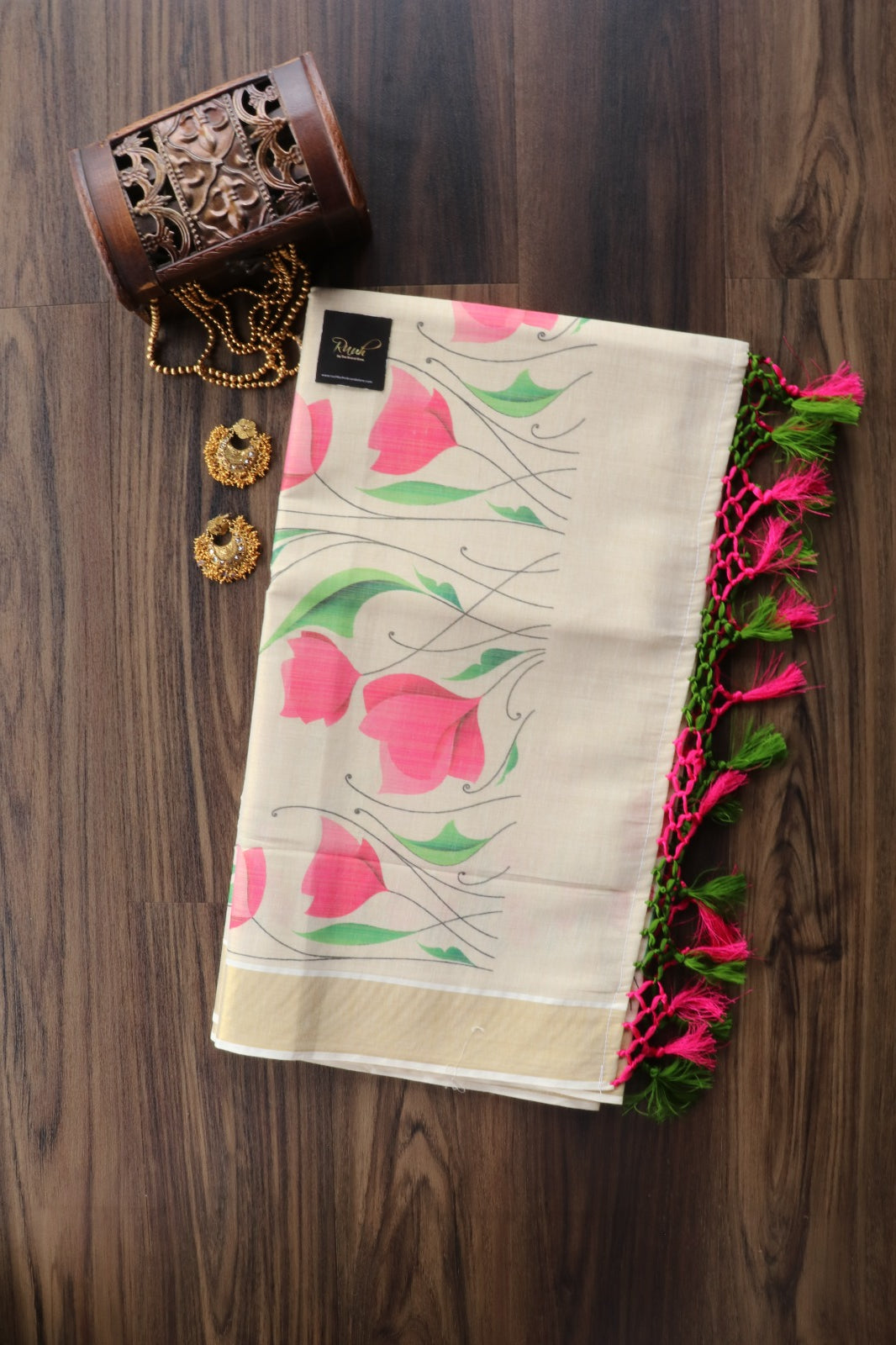 PINK FLORAL PRINTED KERALA TISSUE SAREE