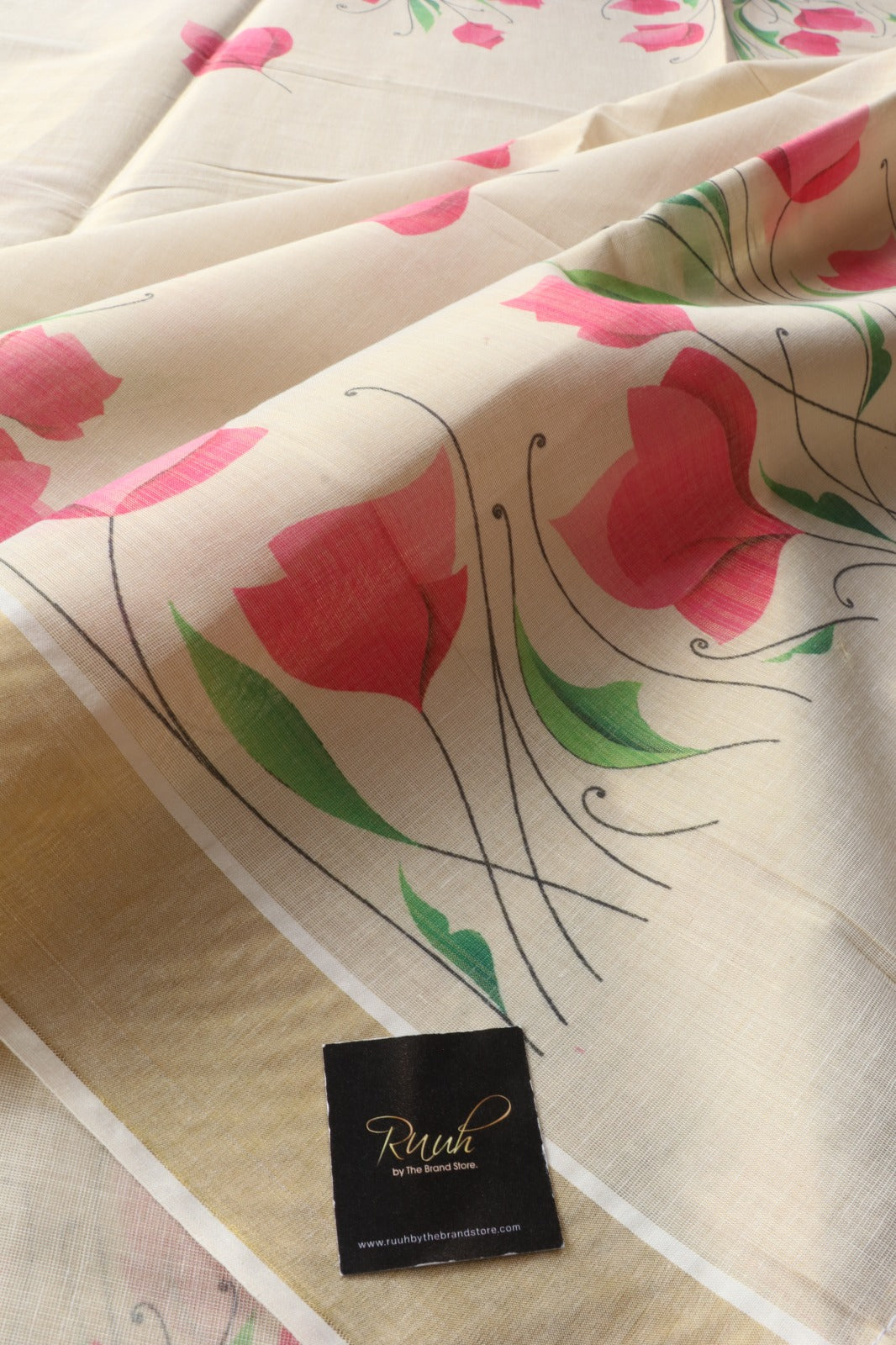 PINK FLORAL PRINTED KERALA TISSUE SAREE