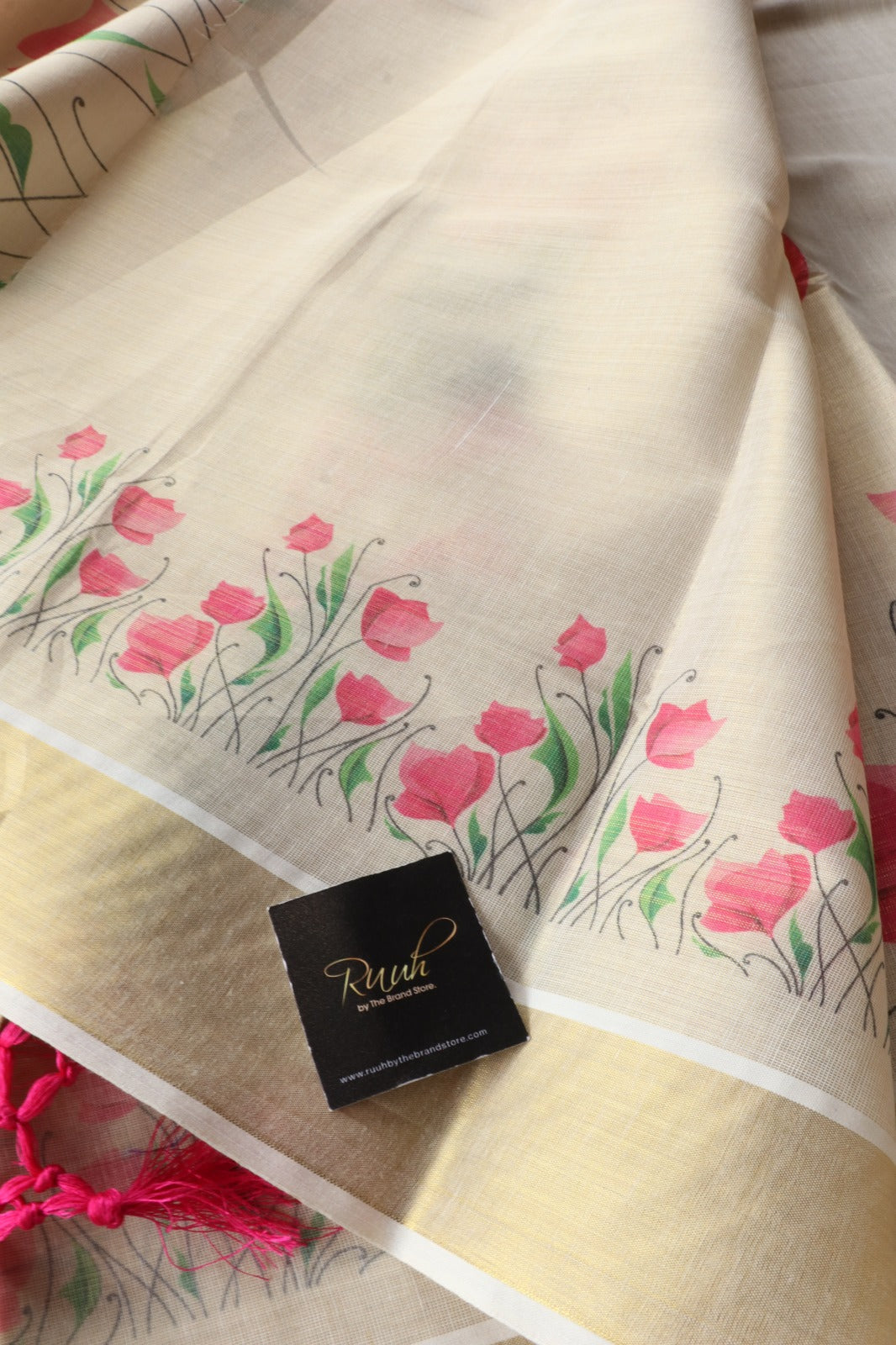 PINK FLORAL PRINTED KERALA TISSUE SAREE