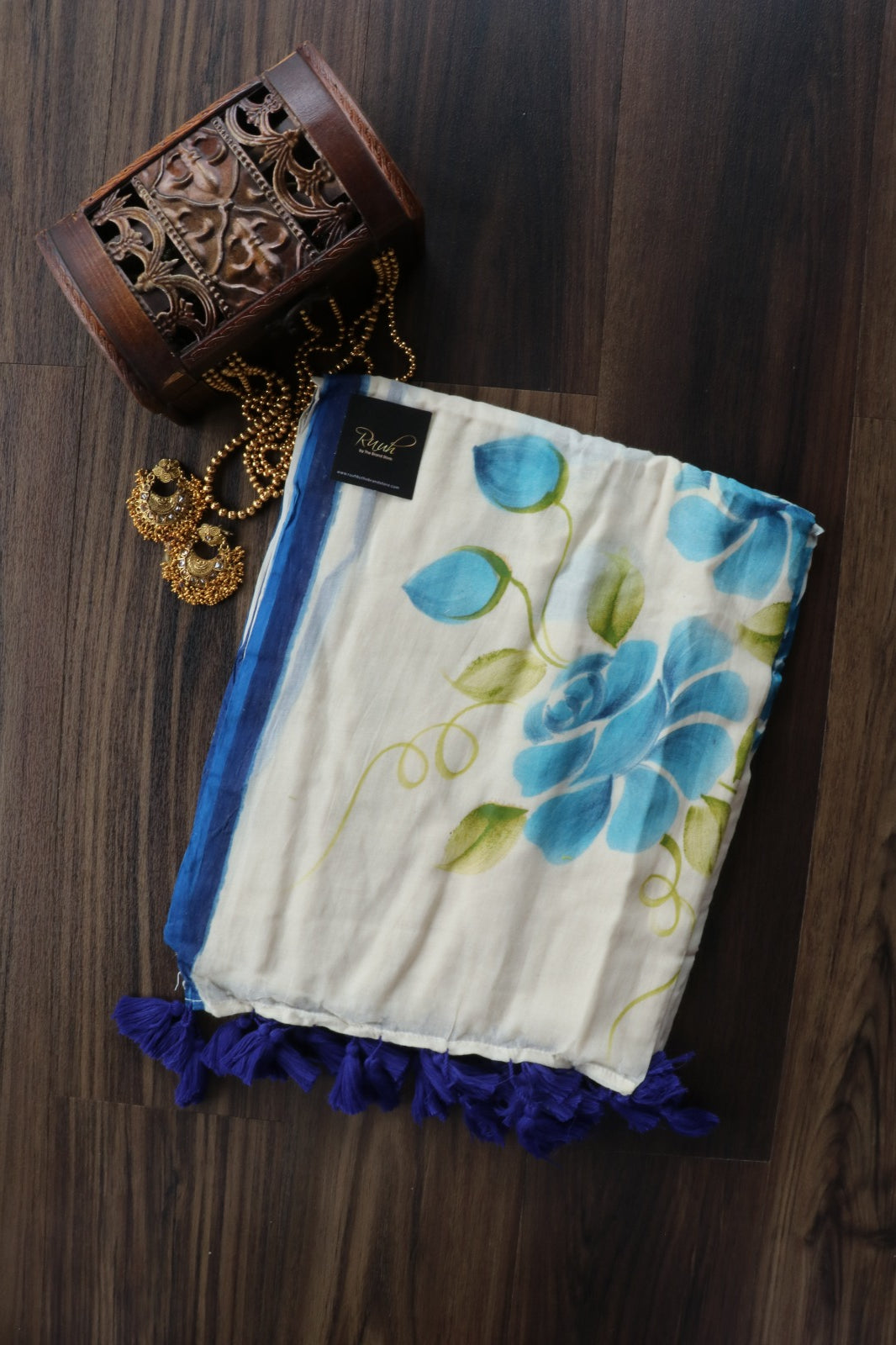 BLUE FLORAL HANDPAINTED MULMUL COTTON SAREE