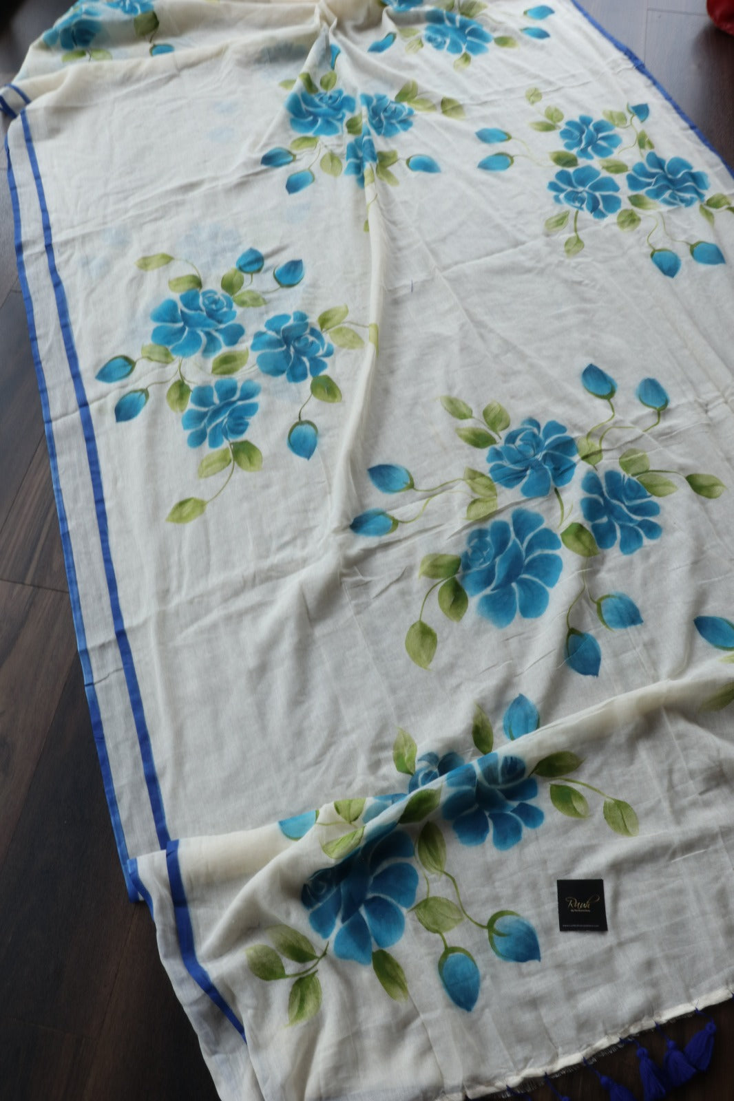 BLUE FLORAL HANDPAINTED MULMUL COTTON SAREE