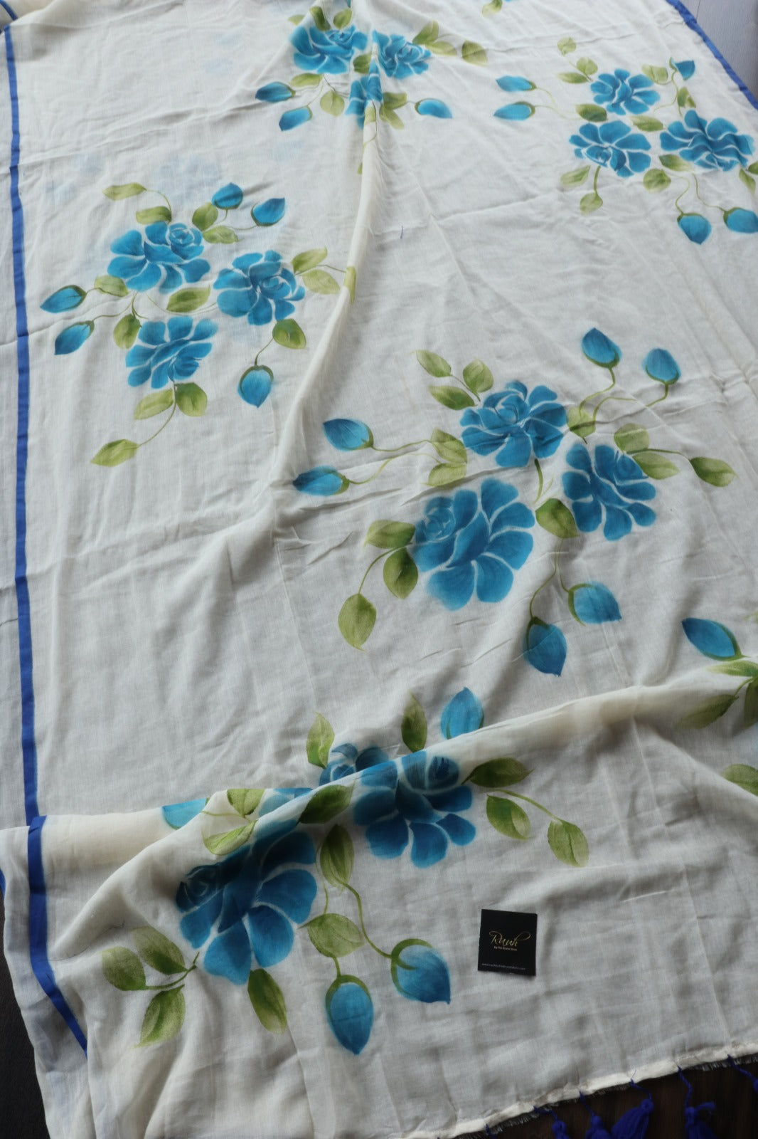 BLUE FLORAL HANDPAINTED MULMUL COTTON SAREE