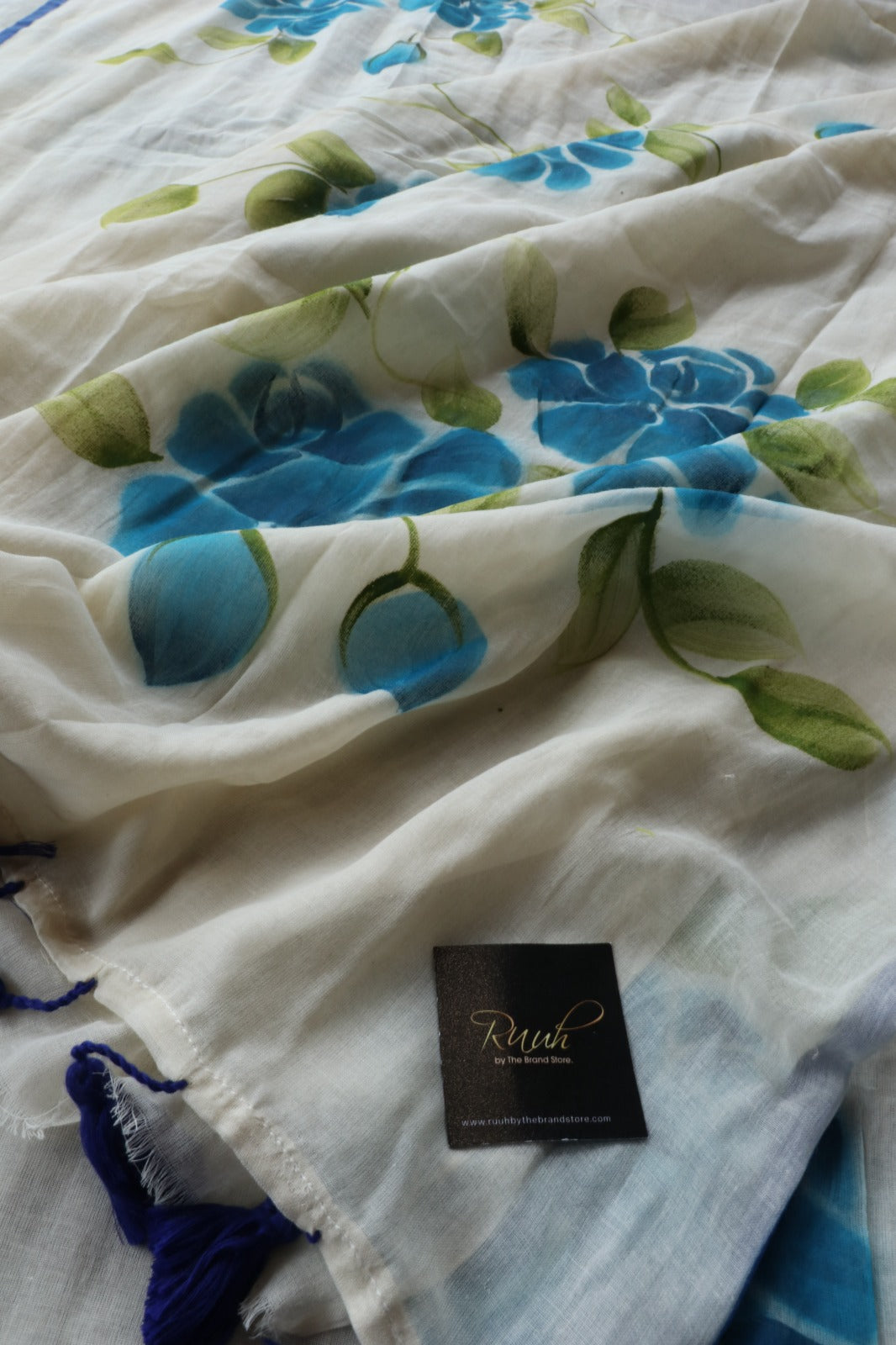BLUE FLORAL HANDPAINTED MULMUL COTTON SAREE