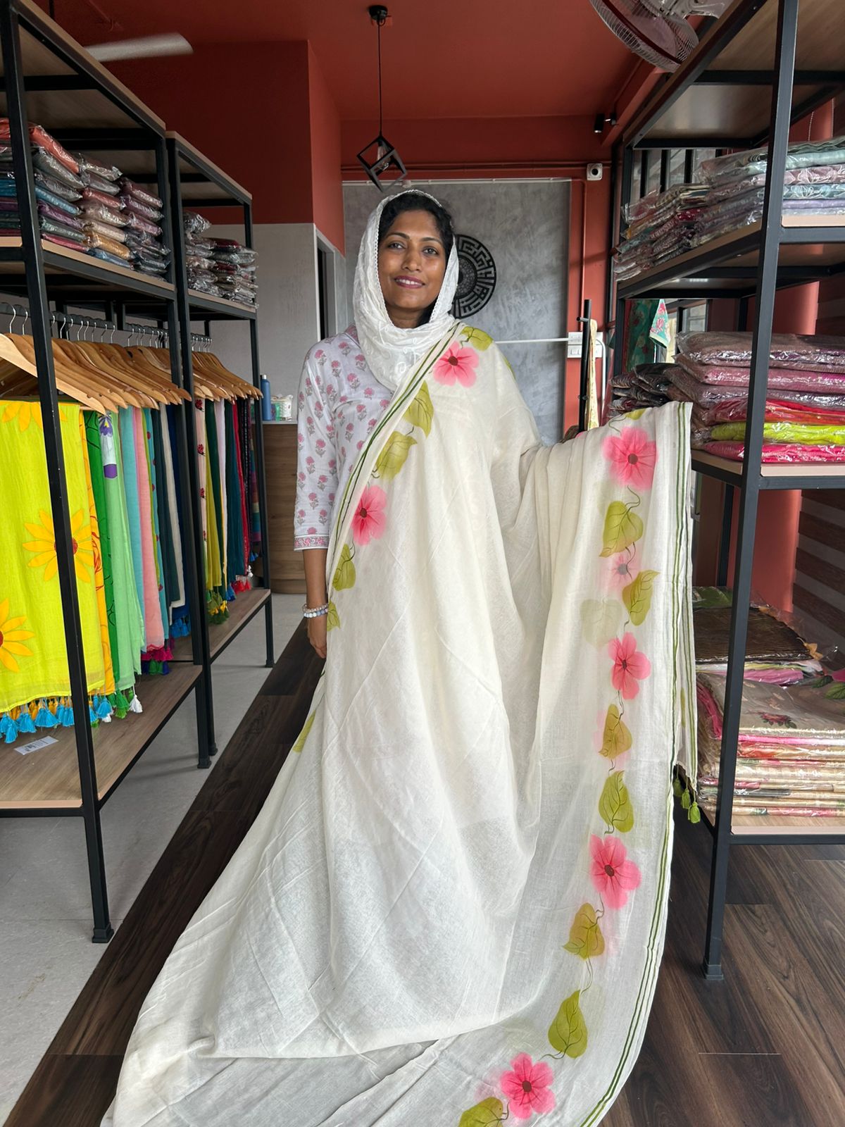 PINK FLORAL HANDPAINTED MULMUL SAREE