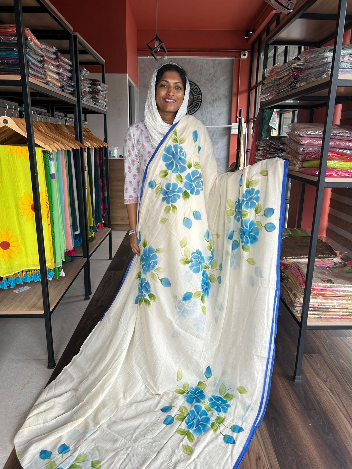 BLUE FLORAL HANDPAINTED MULMUL COTTON SAREE