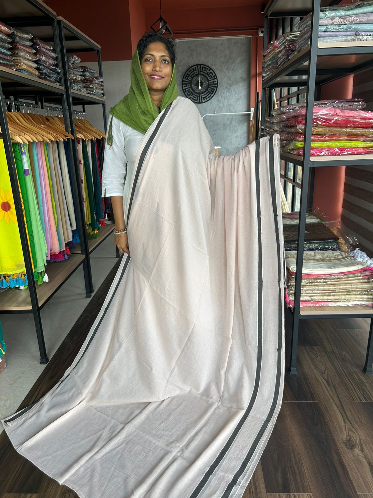 BEIGE WITH BLACK BORDER MULMUL SAREE