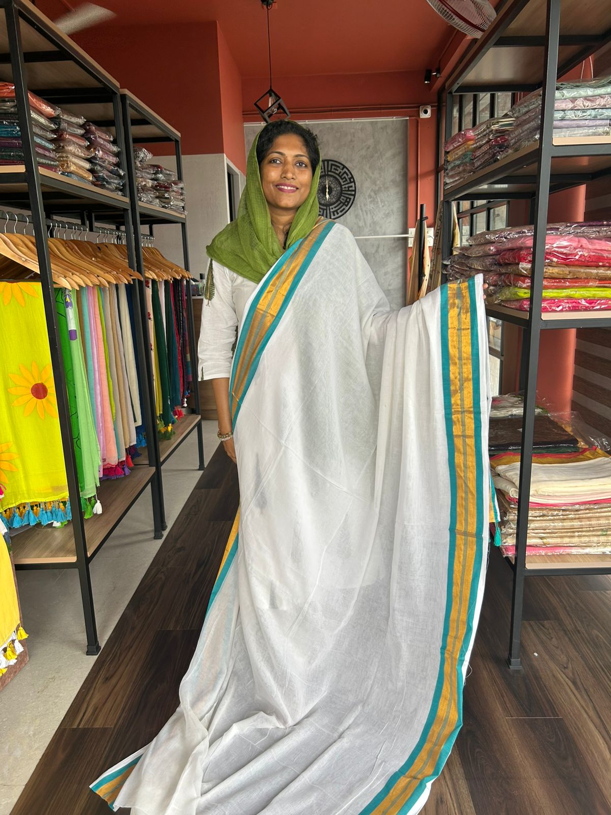 FIROZI BLUE BORDER MULMUL SAREE