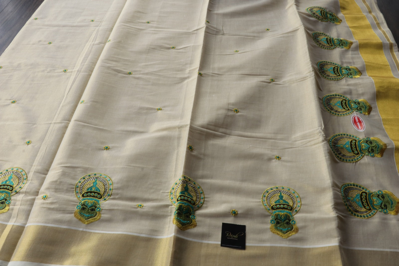 SEA BLUE KATHAKALI EMBROIDERY ON TISSUE SAREE