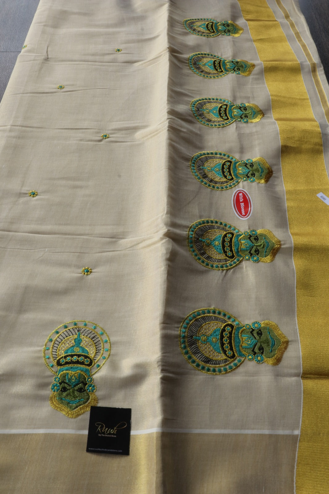 SEA BLUE KATHAKALI EMBROIDERY ON TISSUE SAREE
