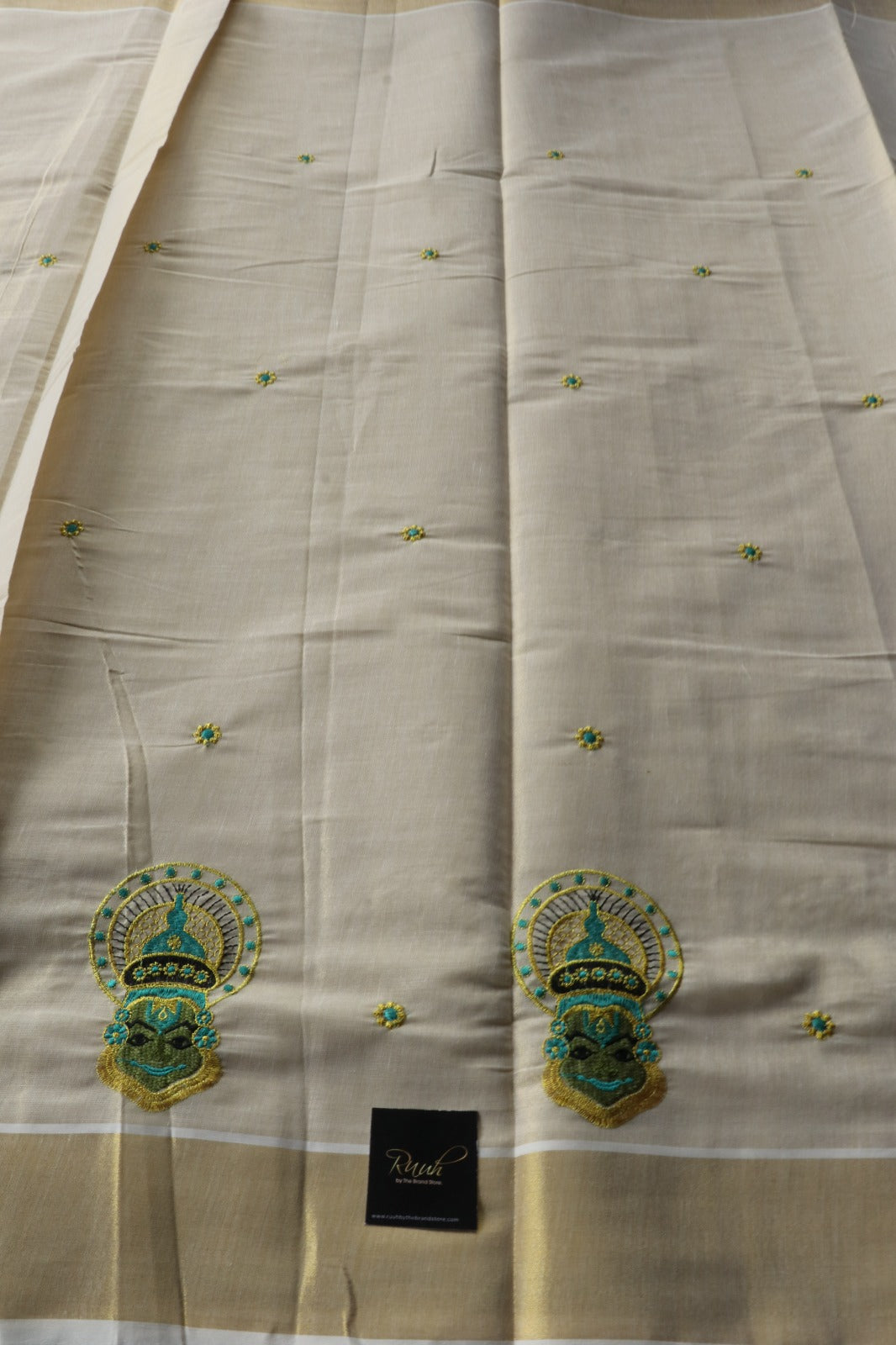 SEA BLUE KATHAKALI EMBROIDERY ON TISSUE SAREE
