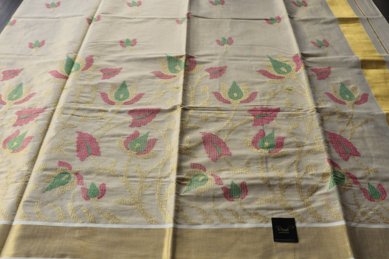 DARK PINK-GREEN LOTUS EMBROIDERY ON TISSUE SAREE