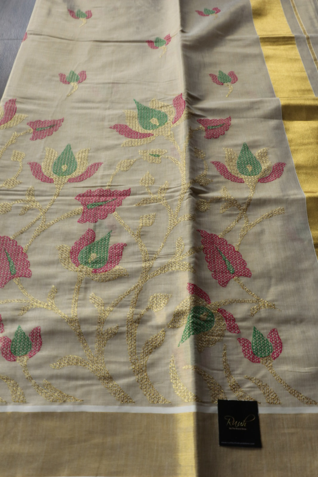 DARK PINK-GREEN LOTUS EMBROIDERY ON TISSUE SAREE
